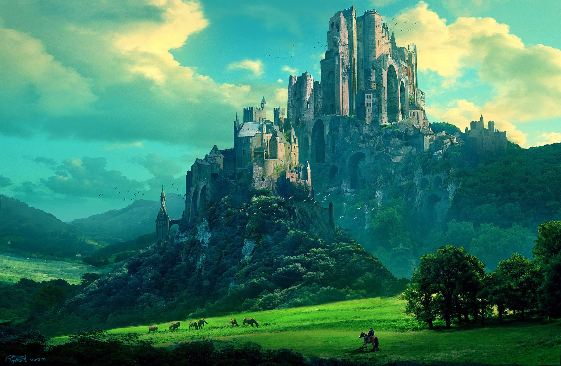 Fantasy castle on a mountain with horses and a knight HD Wallpaper
