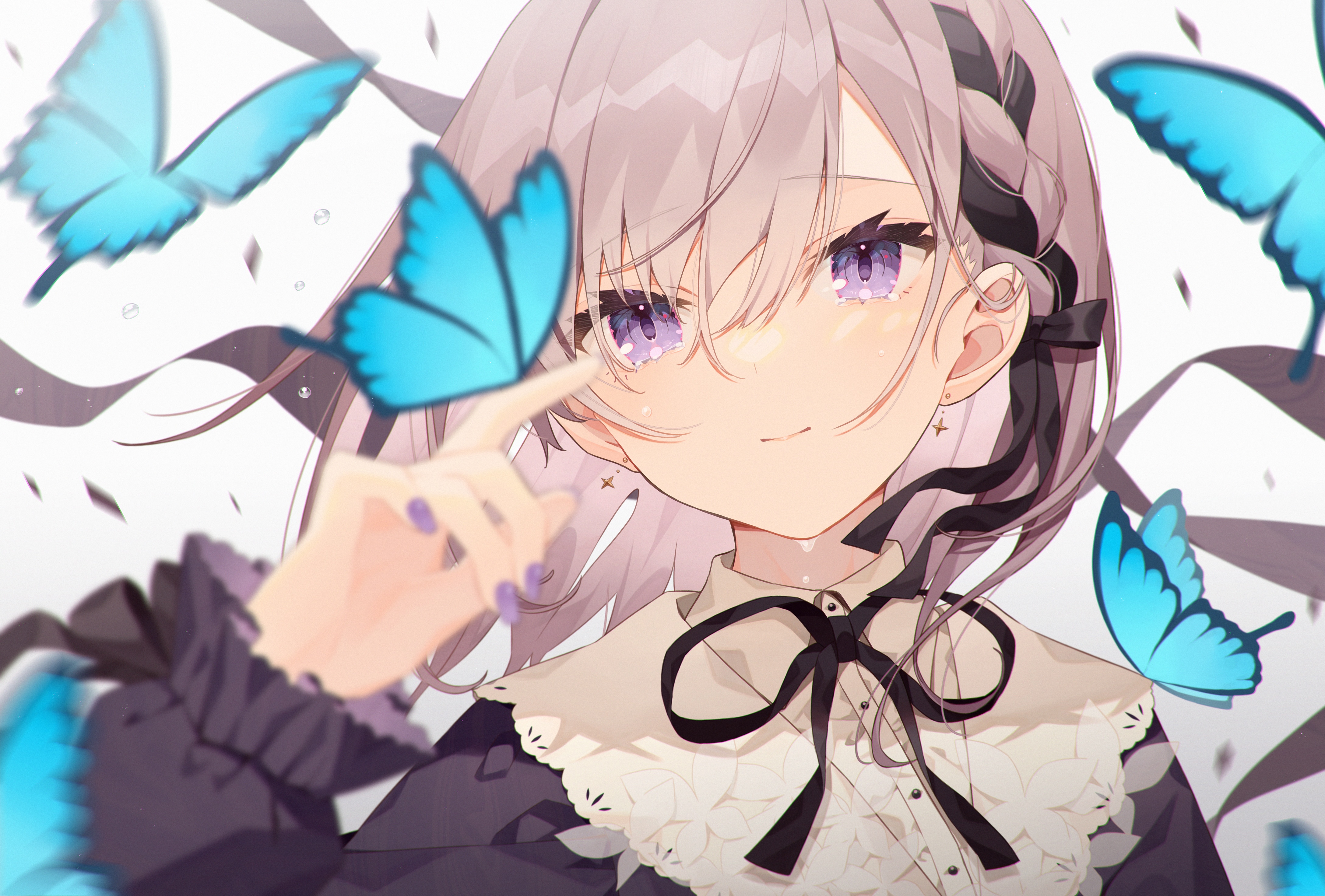 Girl with blue butterflies and water drops HD Wallpaper