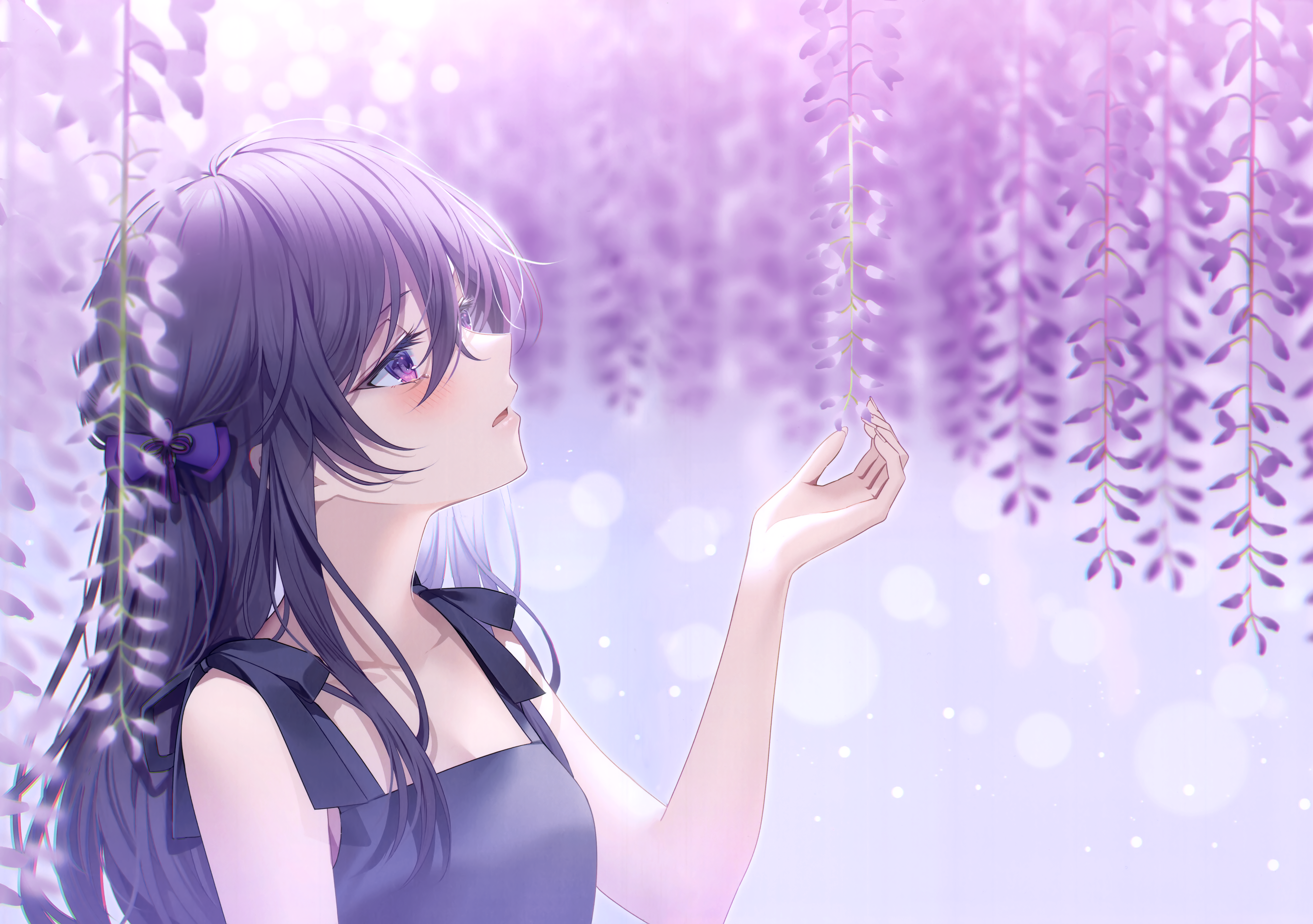 Girl with purple hair and eyes under wisteria HD Wallpaper