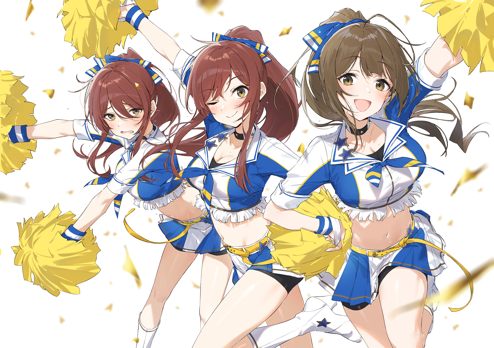 Three cheerleaders with yellow pom-poms and confetti HD Wallpaper