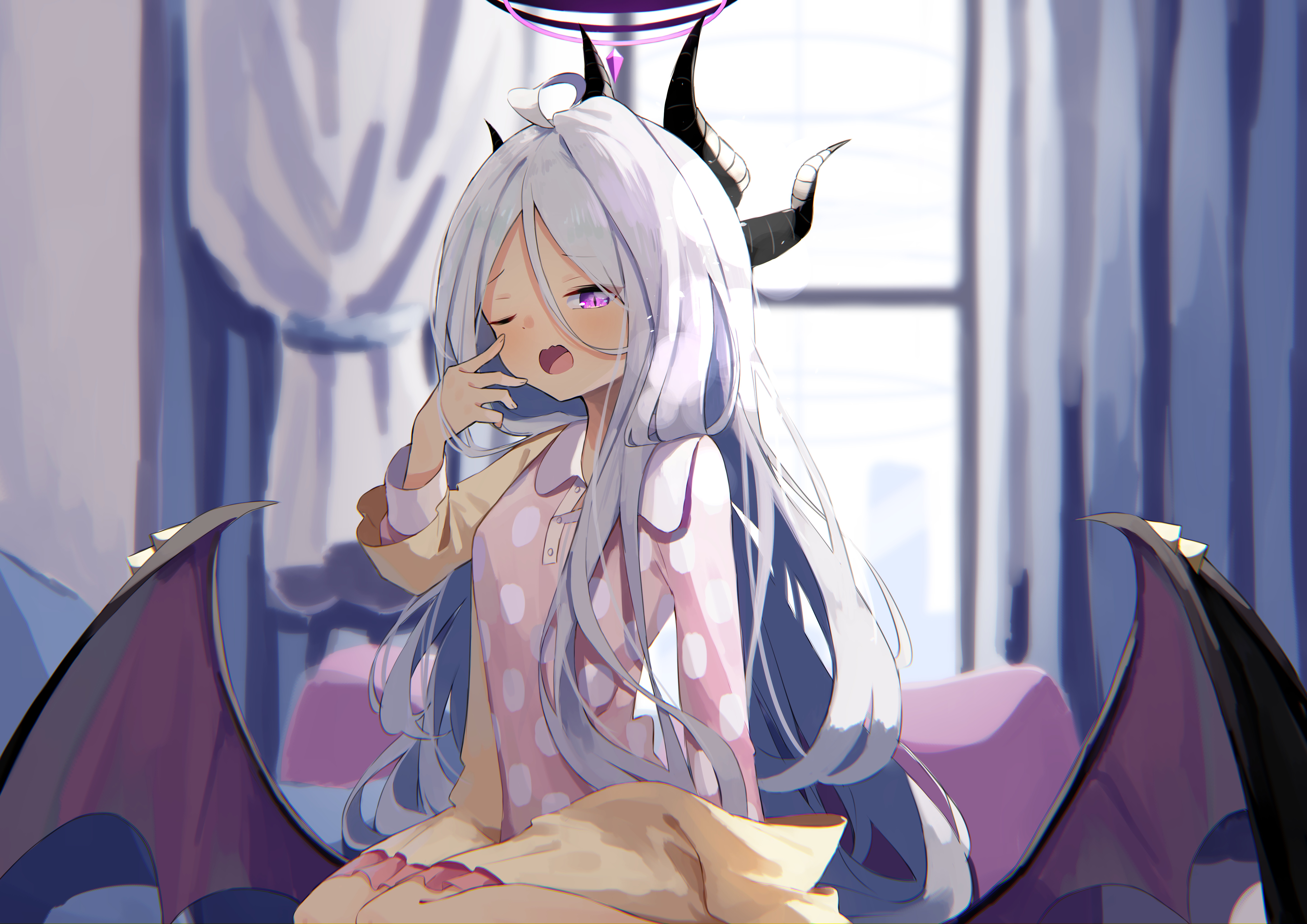 Sorasaki Hina yawning in pyjamas with wings HD Wallpaper