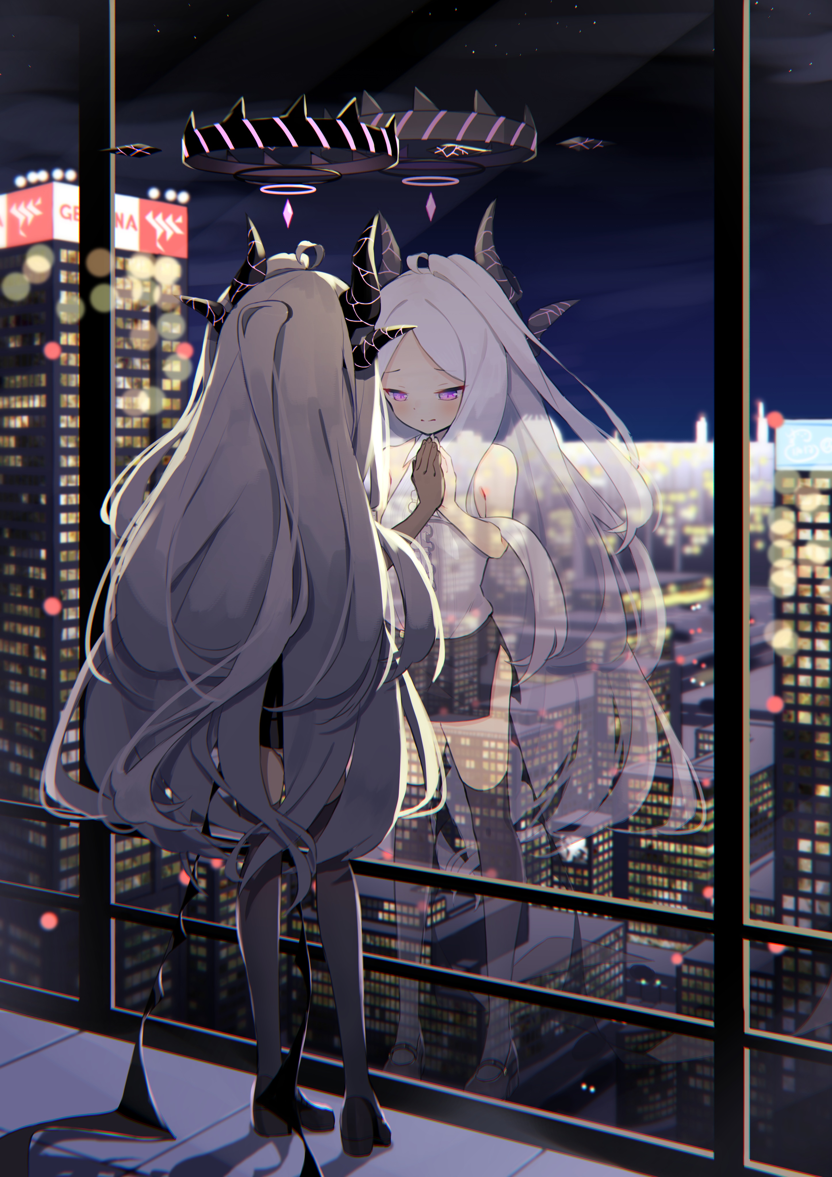 Sorasaki Hina from Blue Archive reflected in a window at night HD Phone Wallpaper