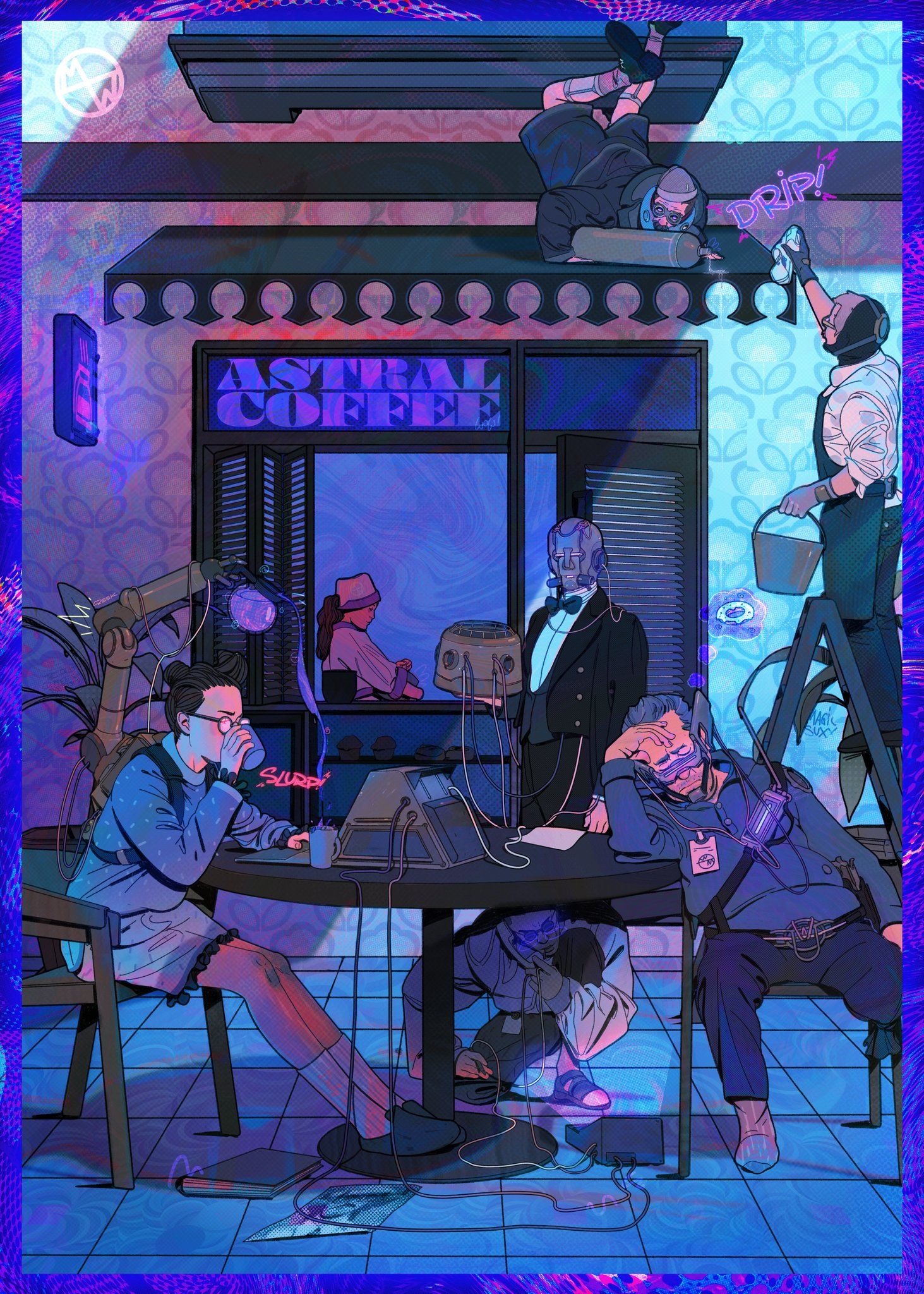 Astral Coffee Cyberpunk Scene with Robots and People HD Phone Wallpaper