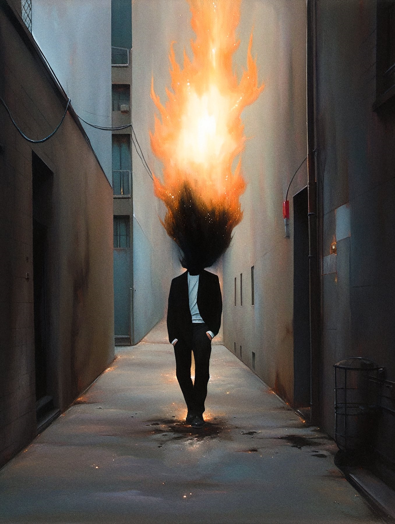 Man with fiery hair in an alleyway HD Phone Wallpaper