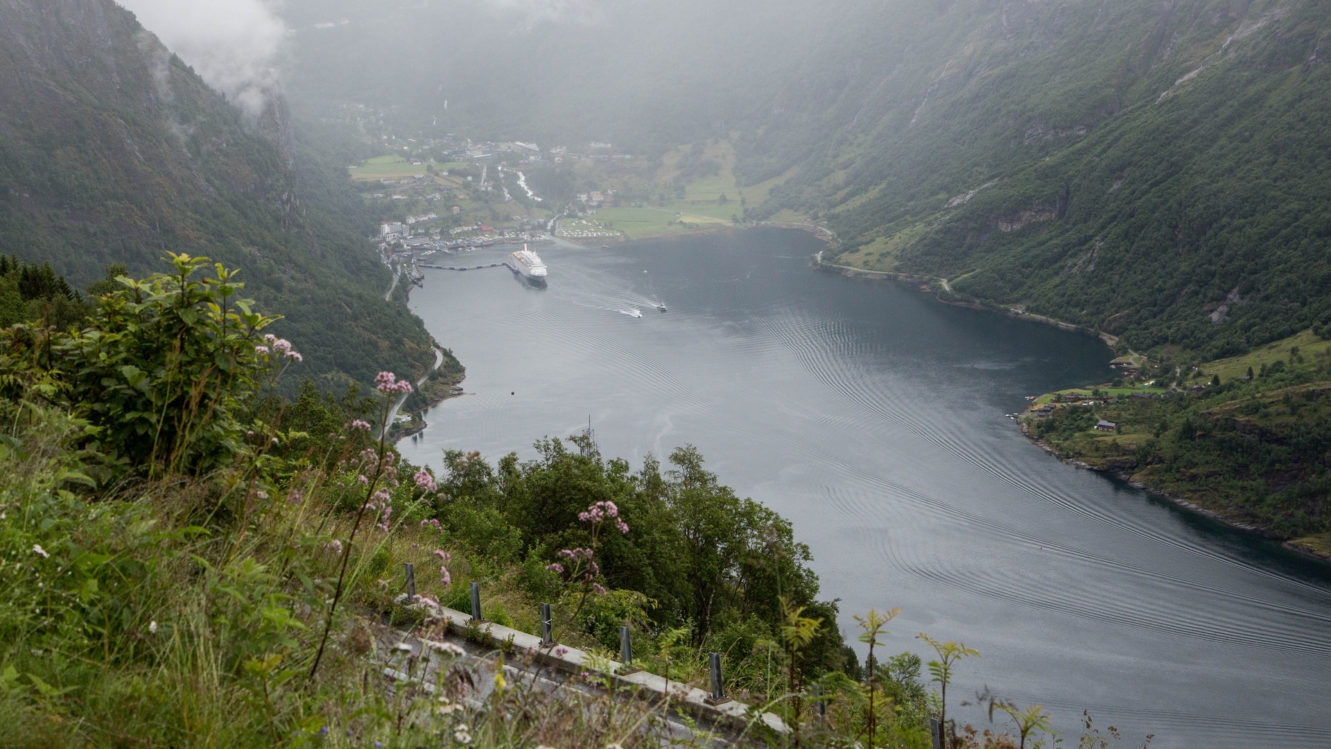 Fjord landscape in Norway with a cruise ship HD Wallpaper