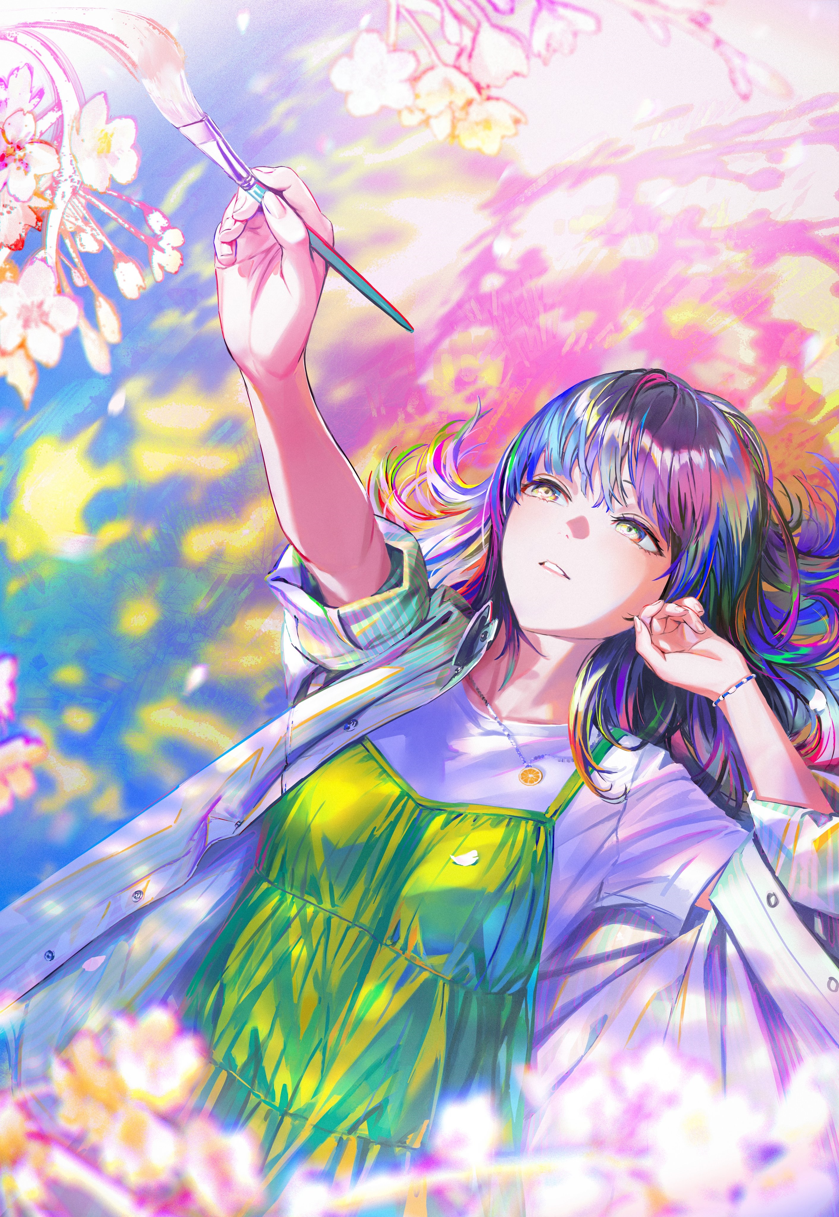 Artwork of a woman with multi-colored hair painting HD Phone Wallpaper