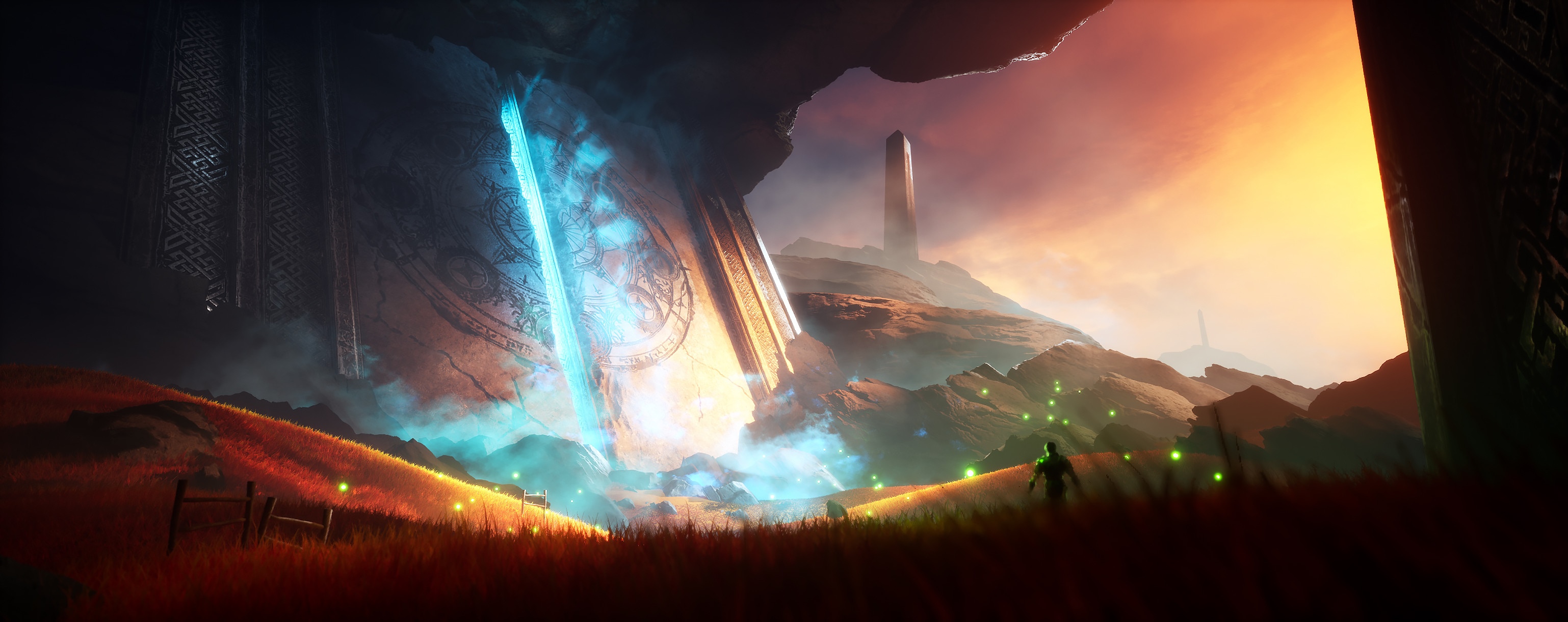 Fantasy landscape with ancient ruins and glowing lights HD Wallpaper
