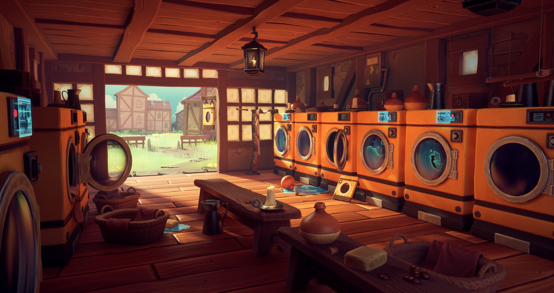 Medieval laundry room with washing machines and village view HD Wallpaper