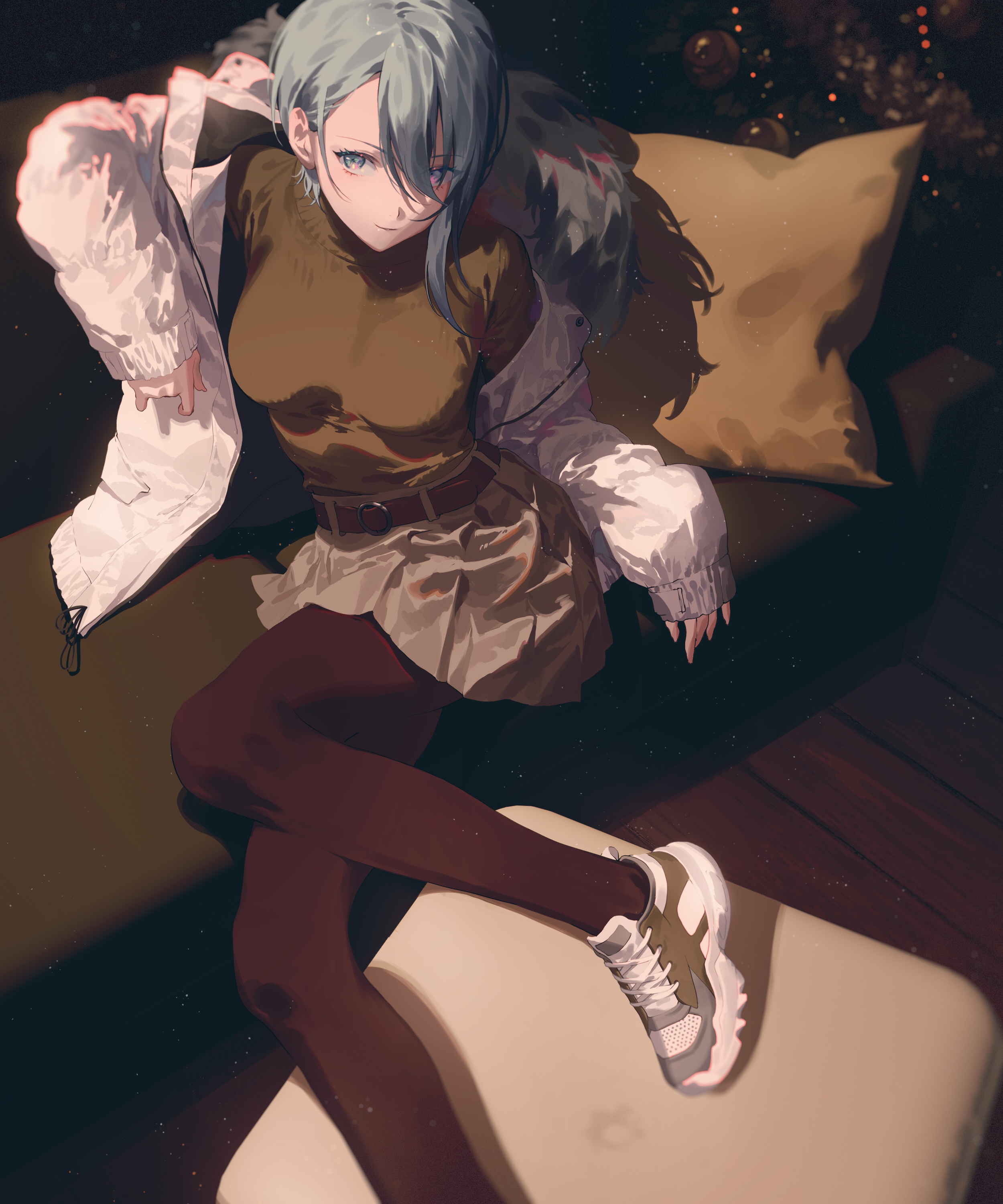 Anime girl with blue eyes and blue hair wearing a sweater and skirt HD Phone Wallpaper