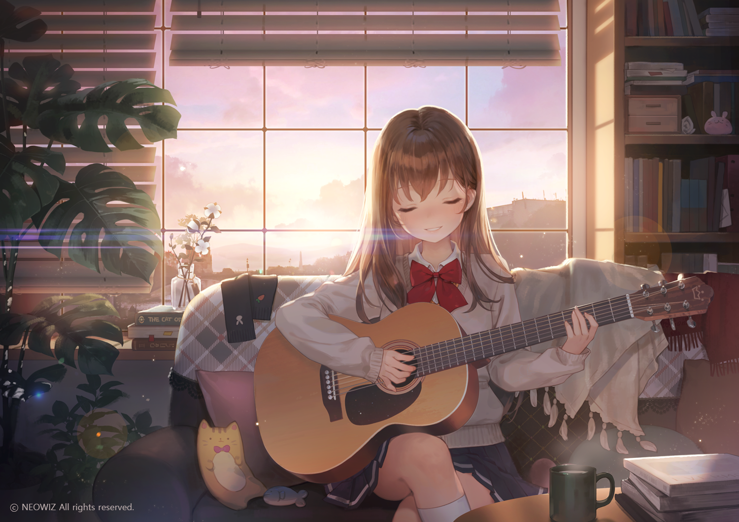 Girl playing guitar by the window at sunset HD Wallpaper
