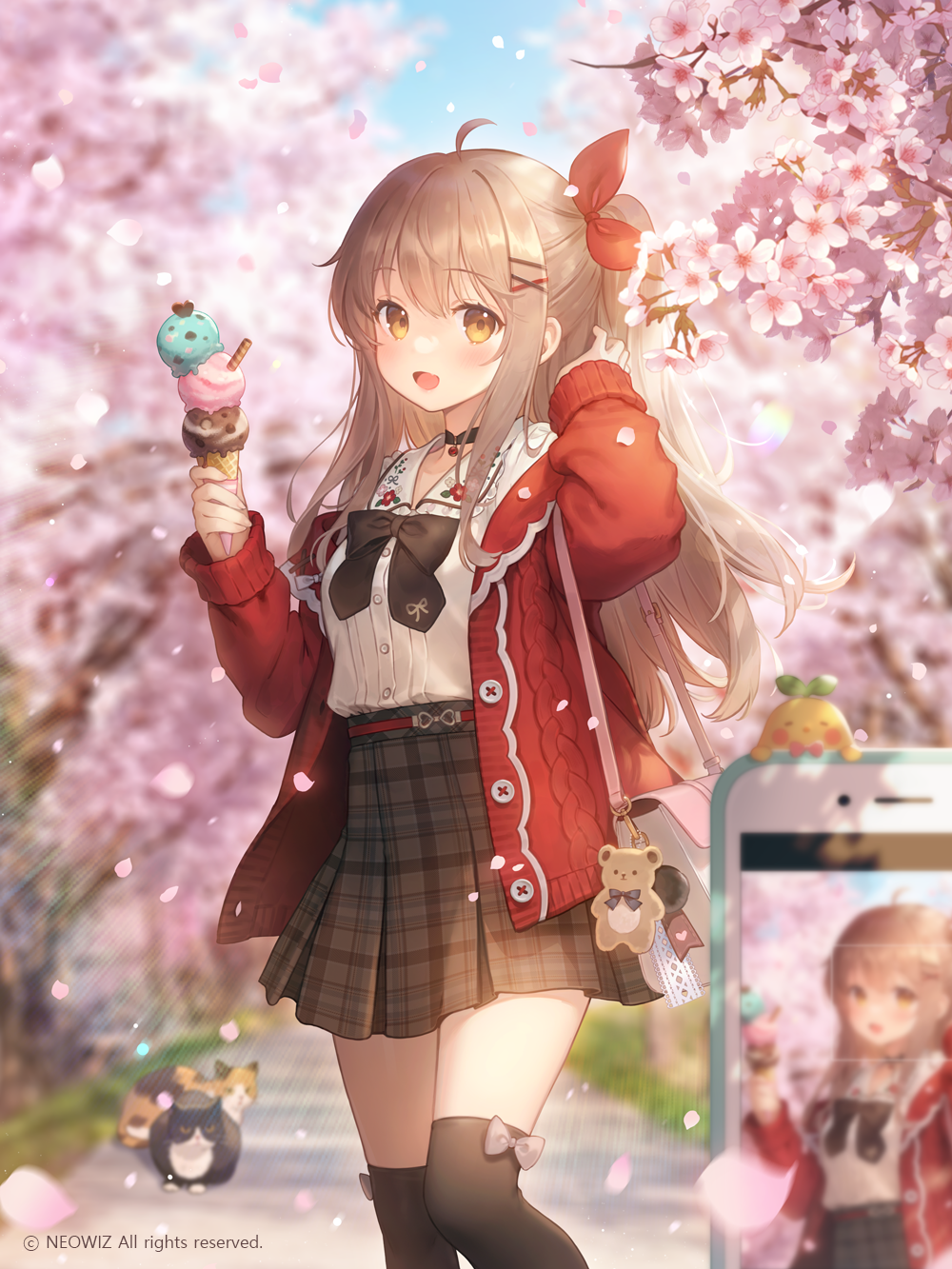 Girl with ice cream under cherry blossoms HD Phone Wallpaper