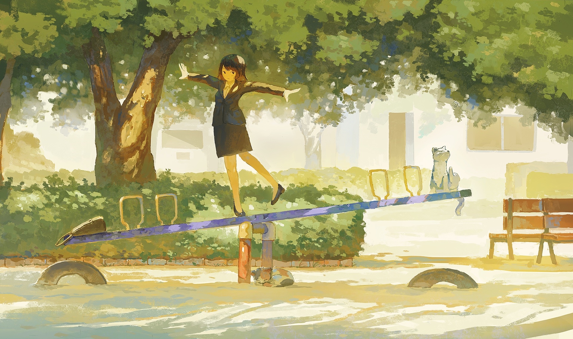 Girl balancing on a seesaw with a cat watching HD Wallpaper