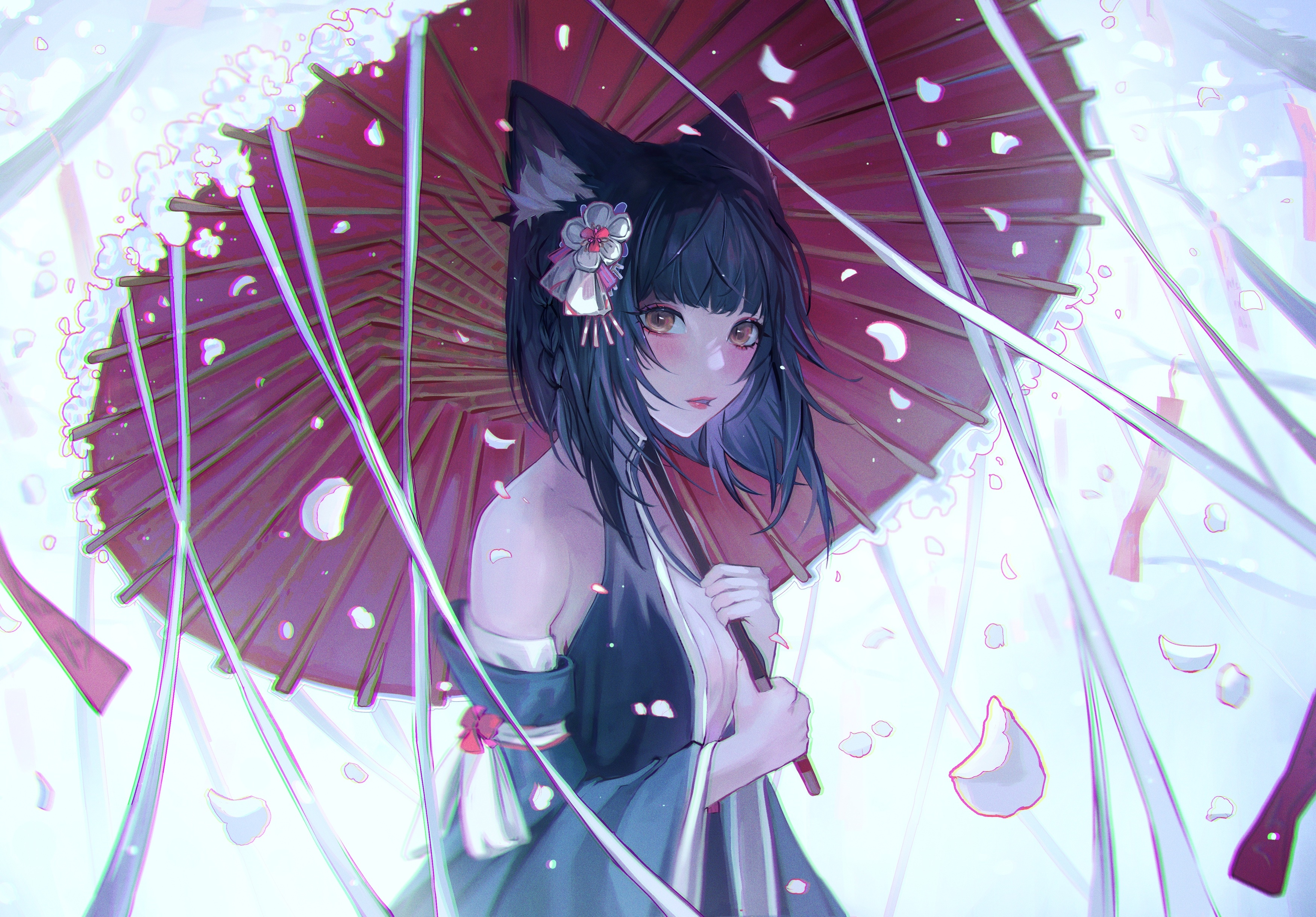 Cat girl with umbrella and falling petals HD Wallpaper