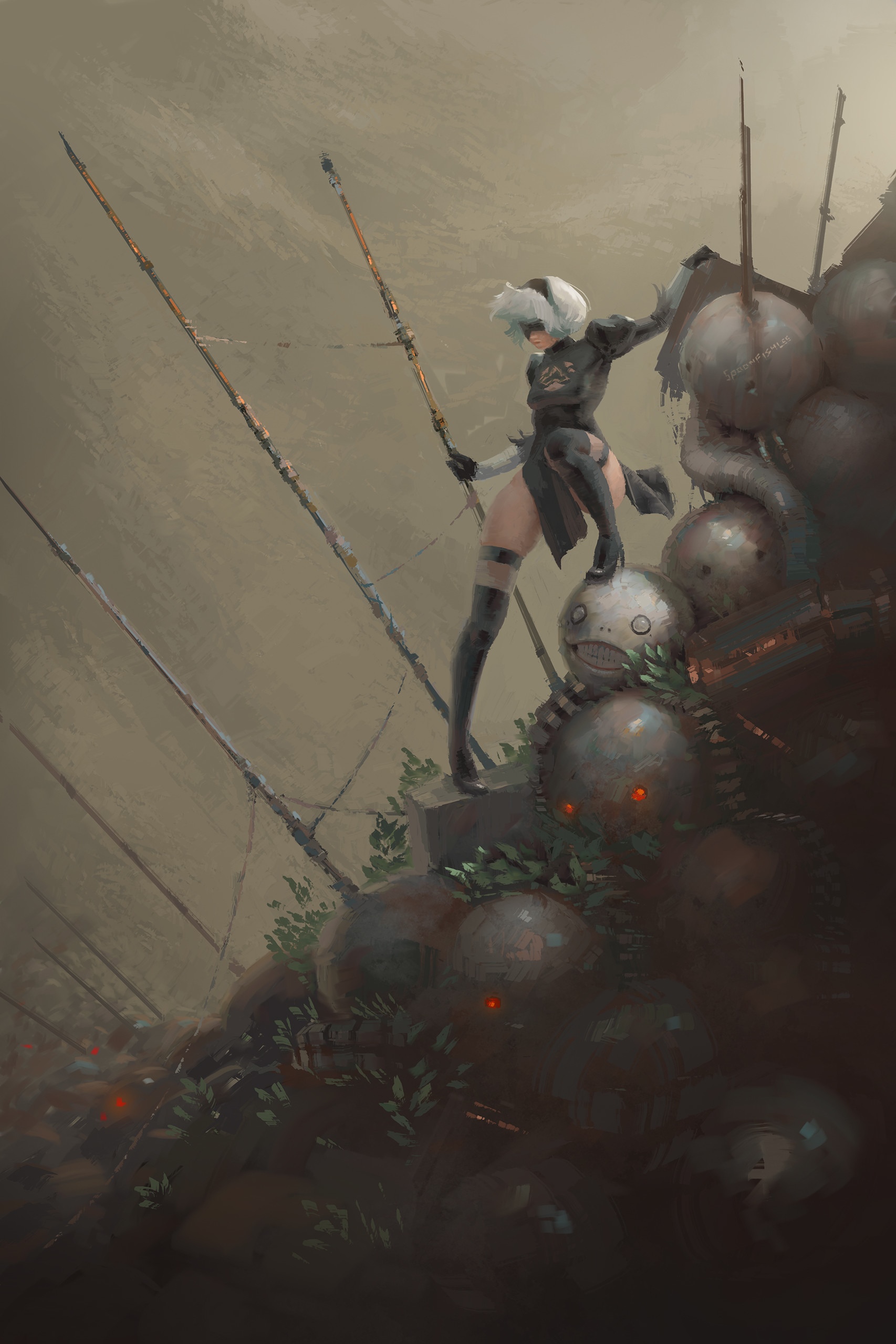 2B with a spear on a pile of robots HD Phone Wallpaper