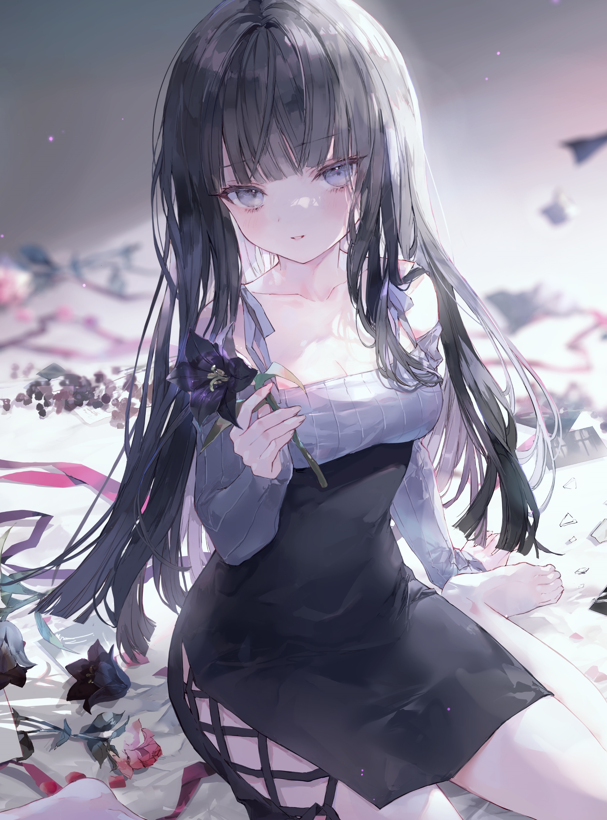 Girl with black hair holding a black flower HD Phone Wallpaper