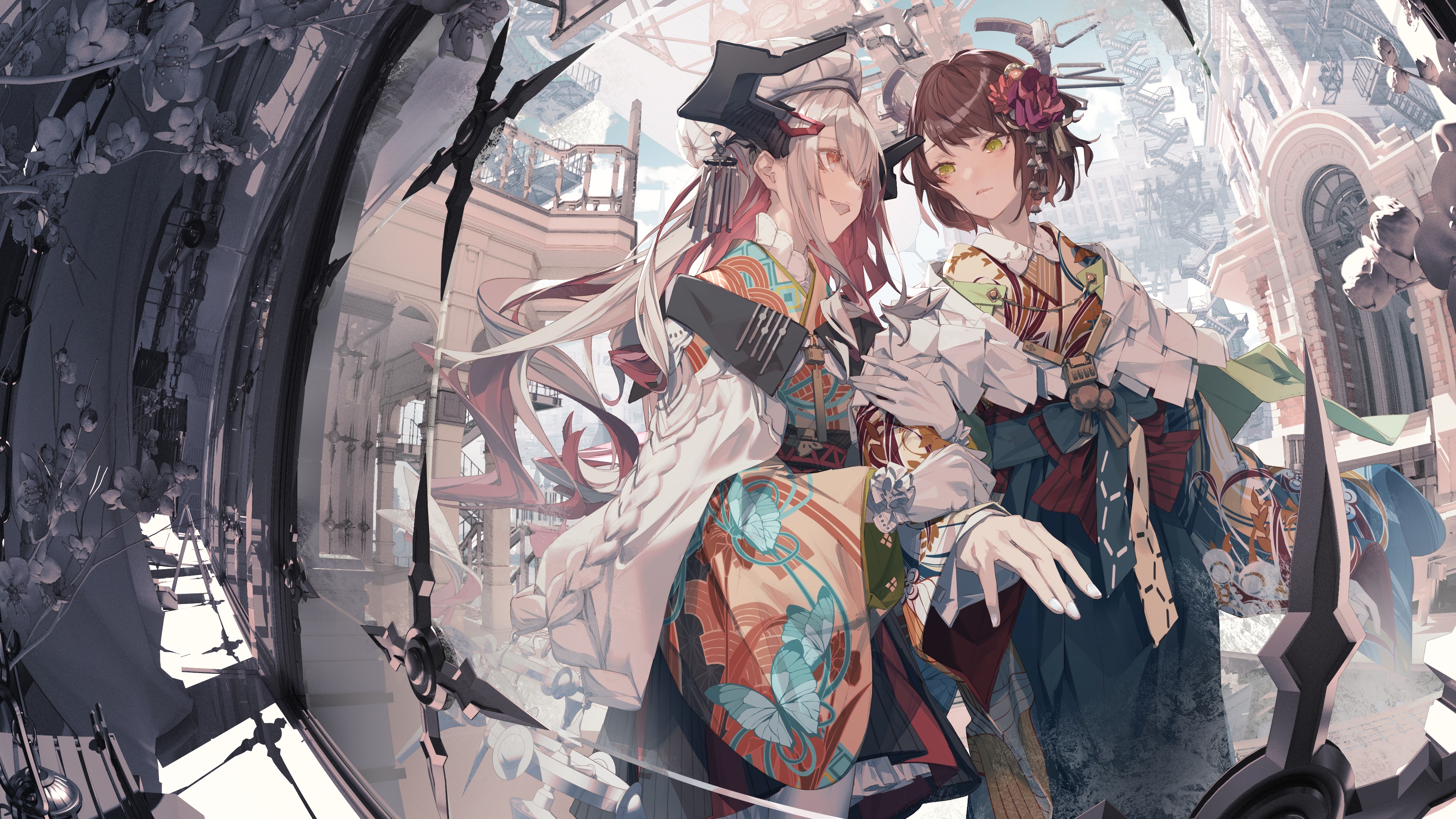 Two anime girls in kimonos with ornate headwear HD Wallpaper