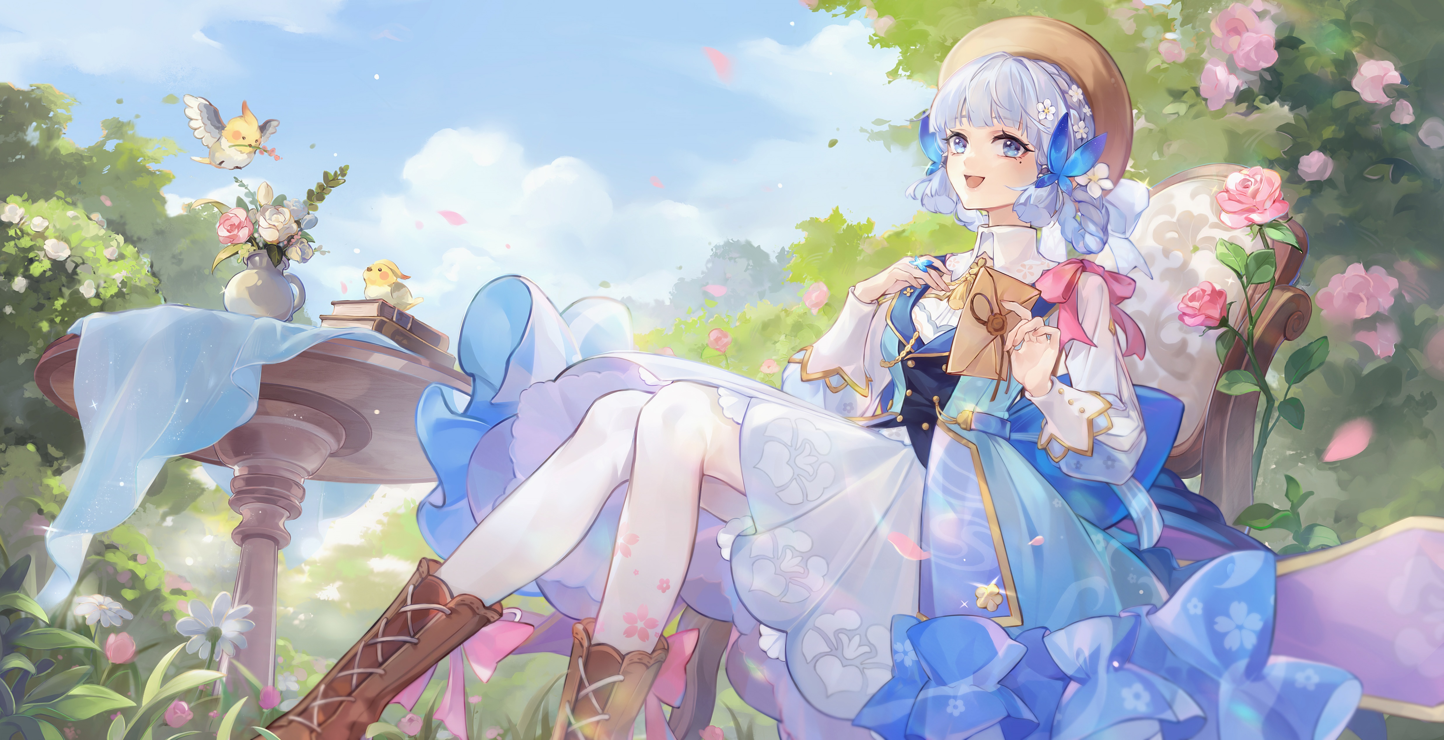 Kamisato Ayaka with a letter in a garden HD Wallpaper