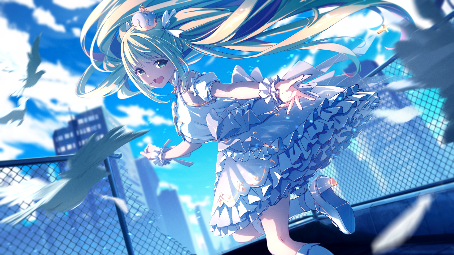 Girl with crown and birds in the sky HD Wallpaper