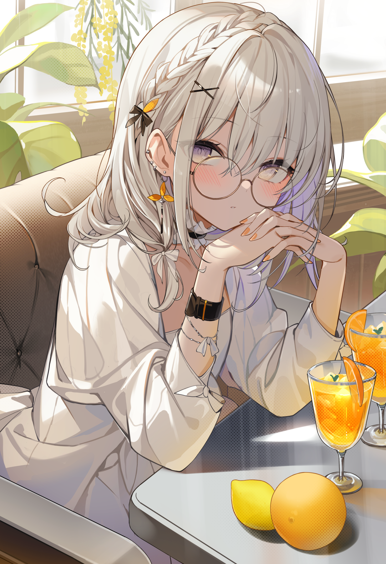 Anime girl with glasses and braids drinking juice HD Phone Wallpaper