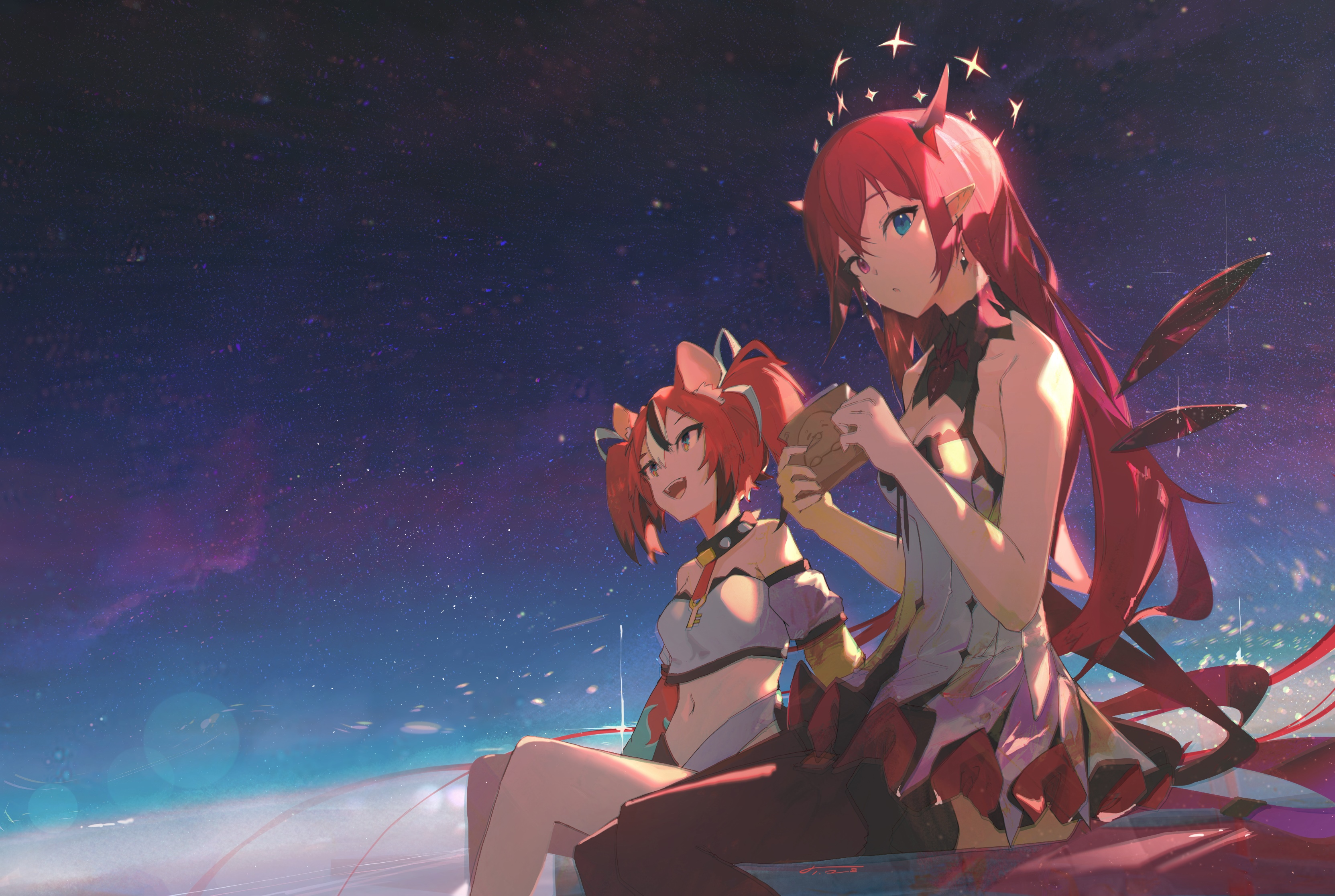 IRyS and Hakos Baelz under a starry sky HD Wallpaper
