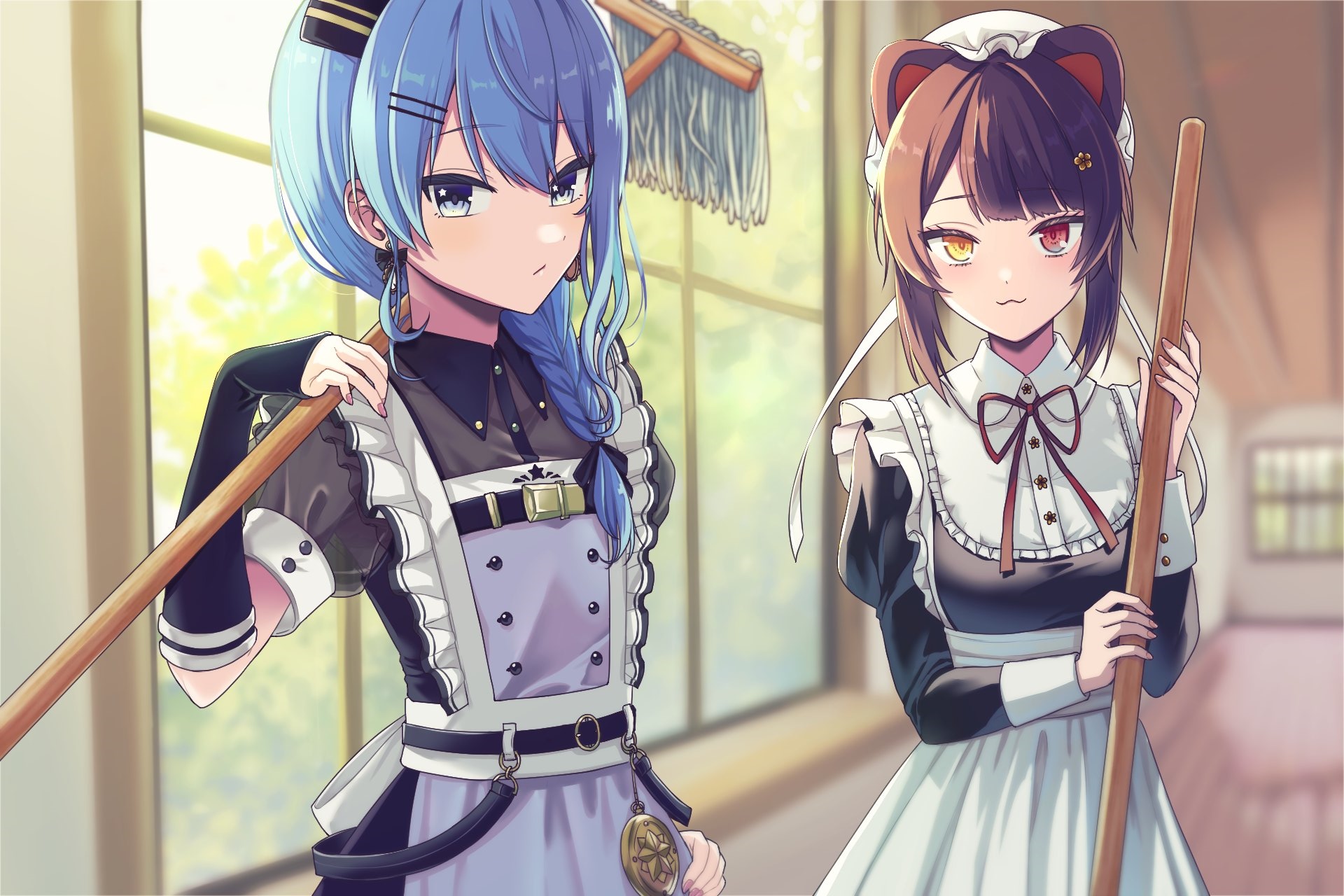 Hoshimachi Suisei and Inui Toko as maids with mops HD Wallpaper