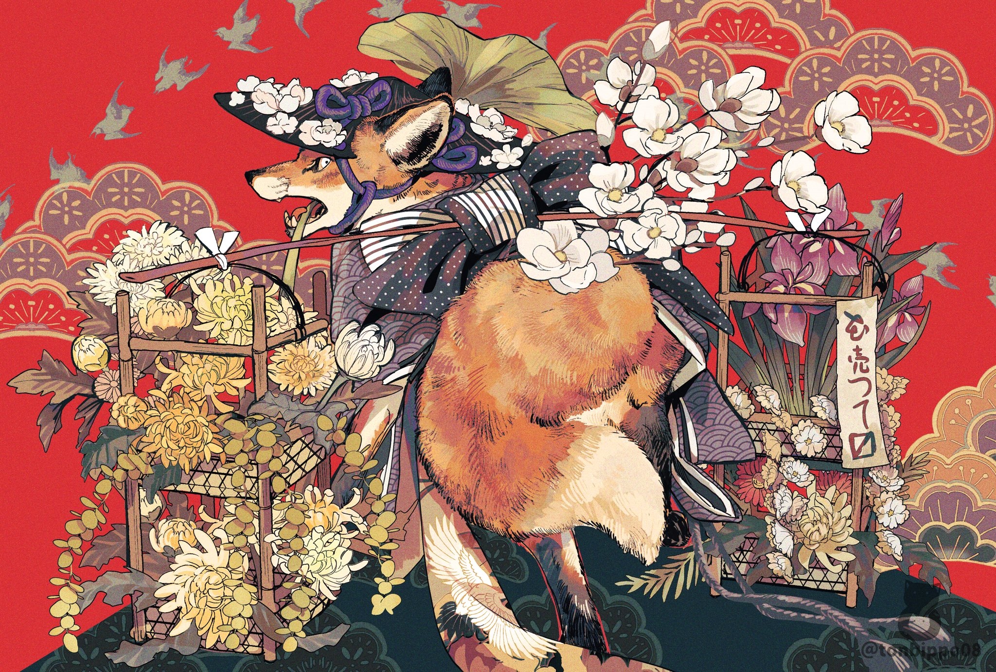 Fox in Japanese attire with flowers and birds HD Wallpaper