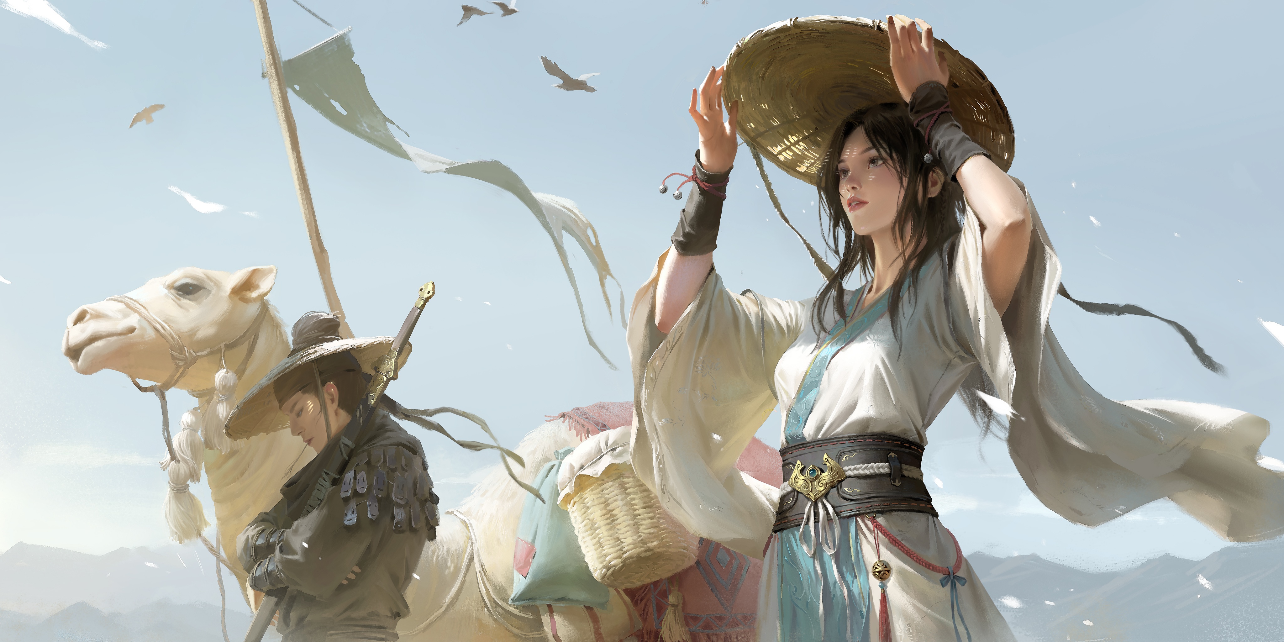 4K illustration of Asian travelers with a camel HD Wallpaper