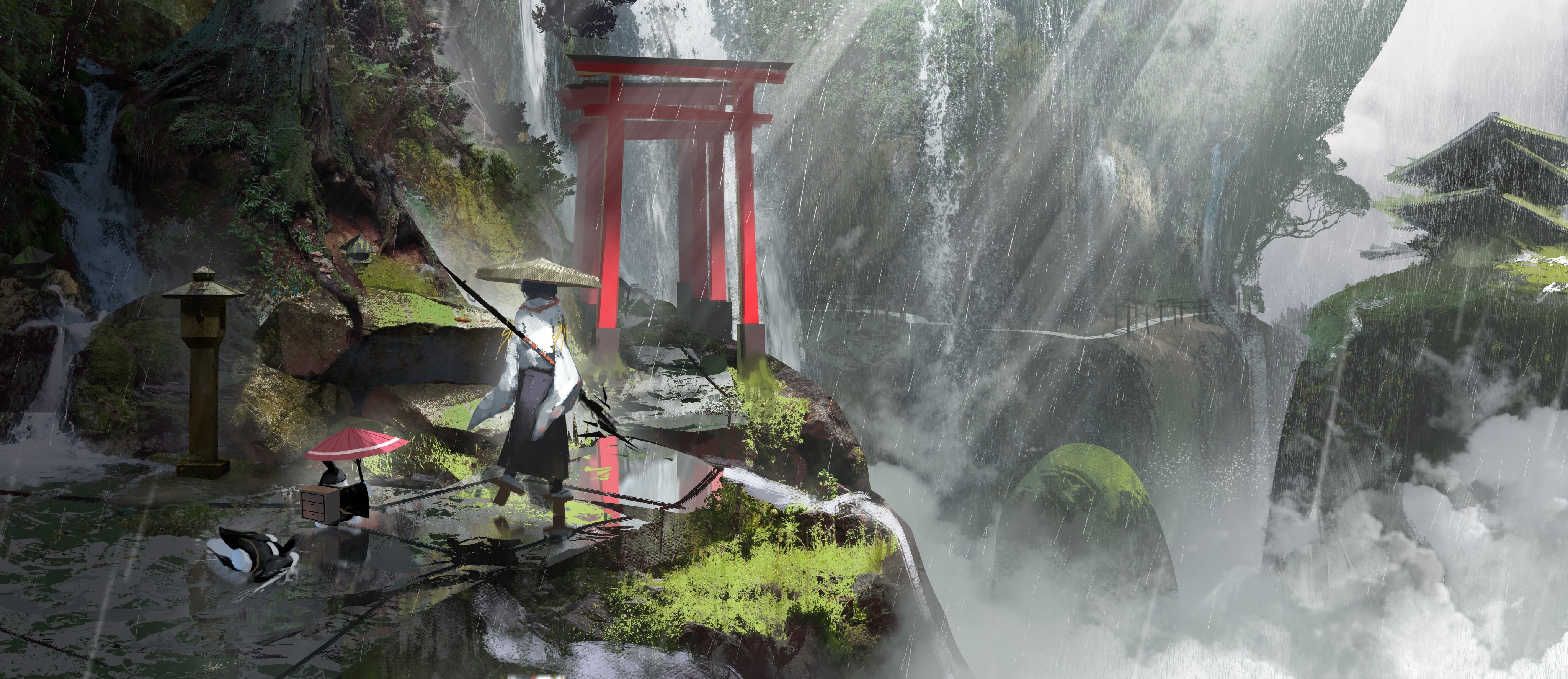 4K Japanese Torii Gate in the Rain HD Wallpaper
