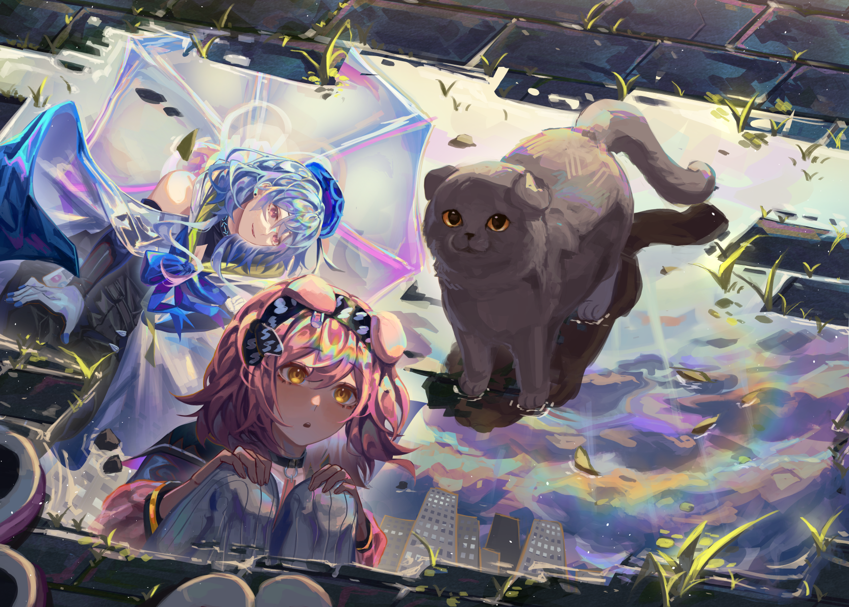 Arknights characters with a cat and a prism HD Wallpaper