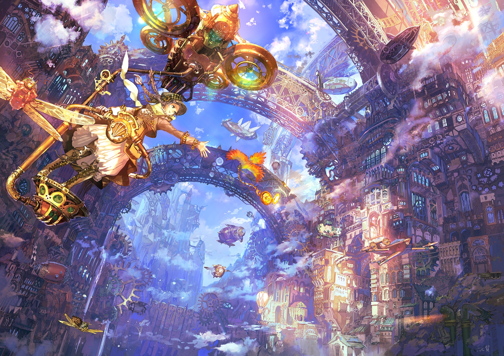 Steampunk city with a girl flying on a mechanical dragonfly HD Wallpaper