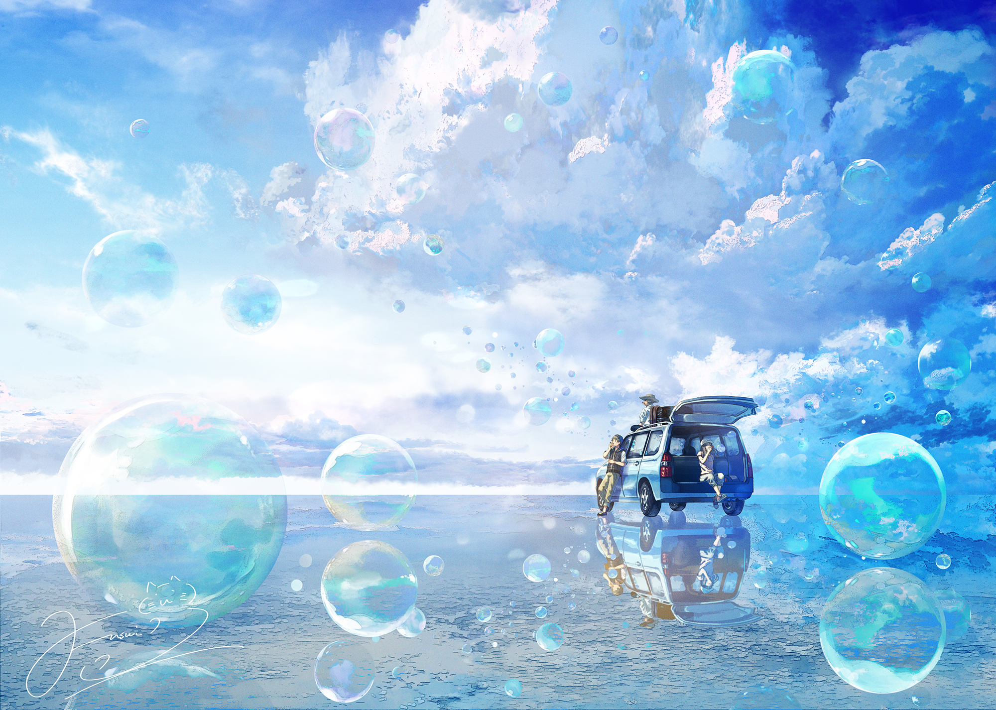 Anime boys and a van surrounded by bubbles in the sky HD Wallpaper