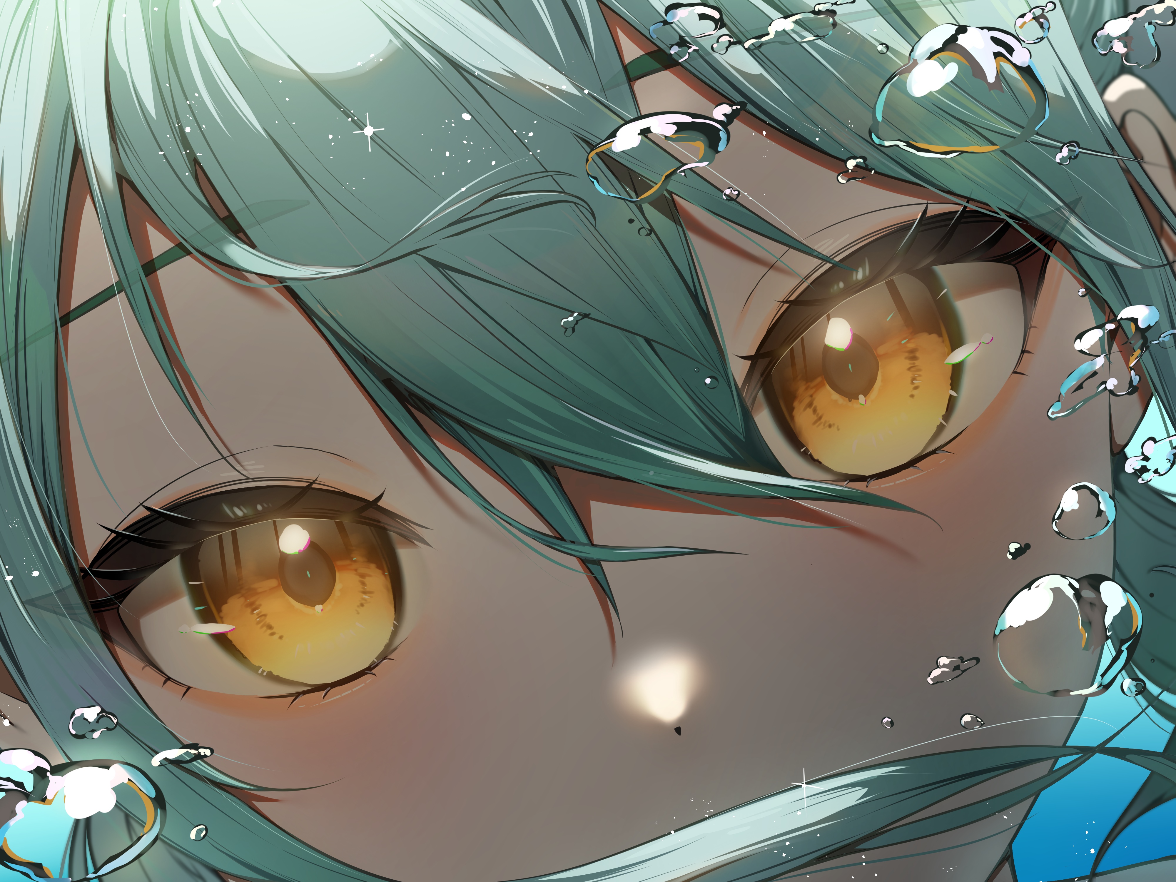 4K Anime Girl with Yellow Eyes and Green Hair HD Wallpaper