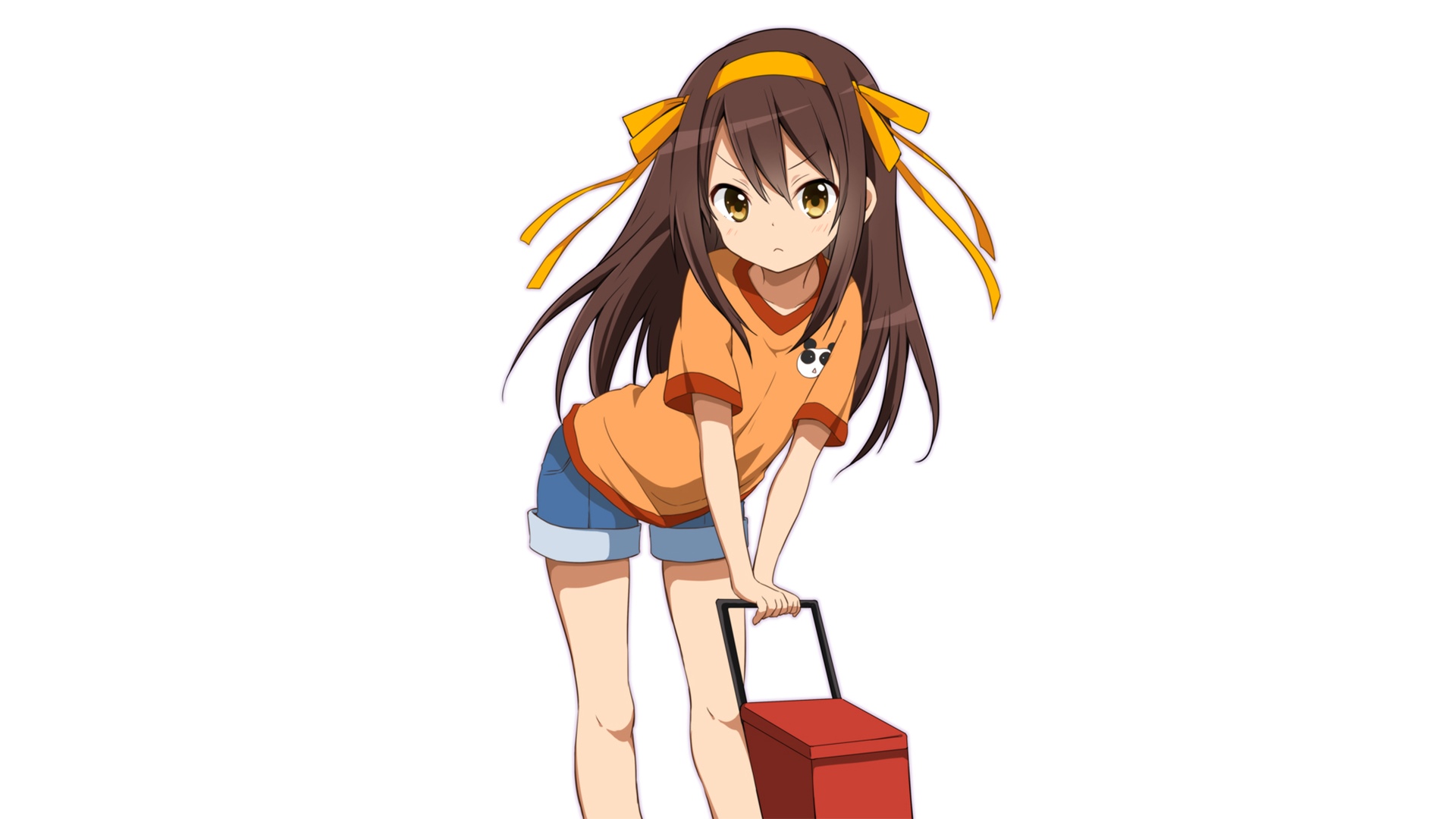 Haruhi Suzumiya holding a red cooler HD Wallpaper