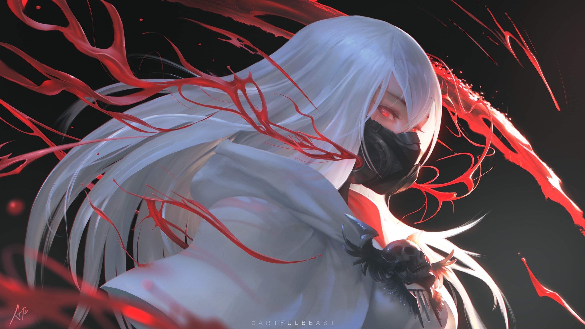 Woman with white hair, mask, and red eyes with blood HD Wallpaper