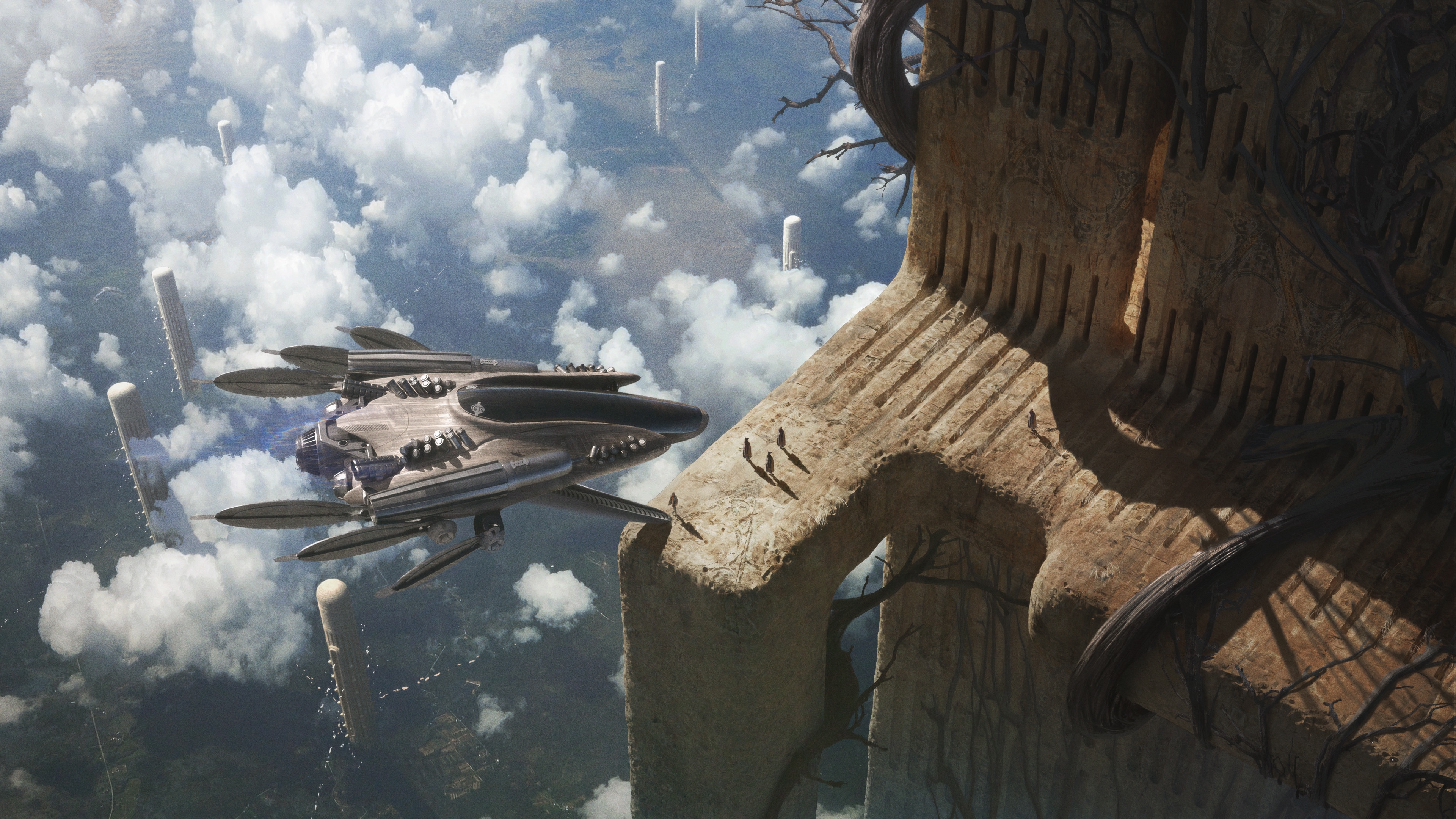 Futuristic spaceship near a giant tree structure HD Wallpaper