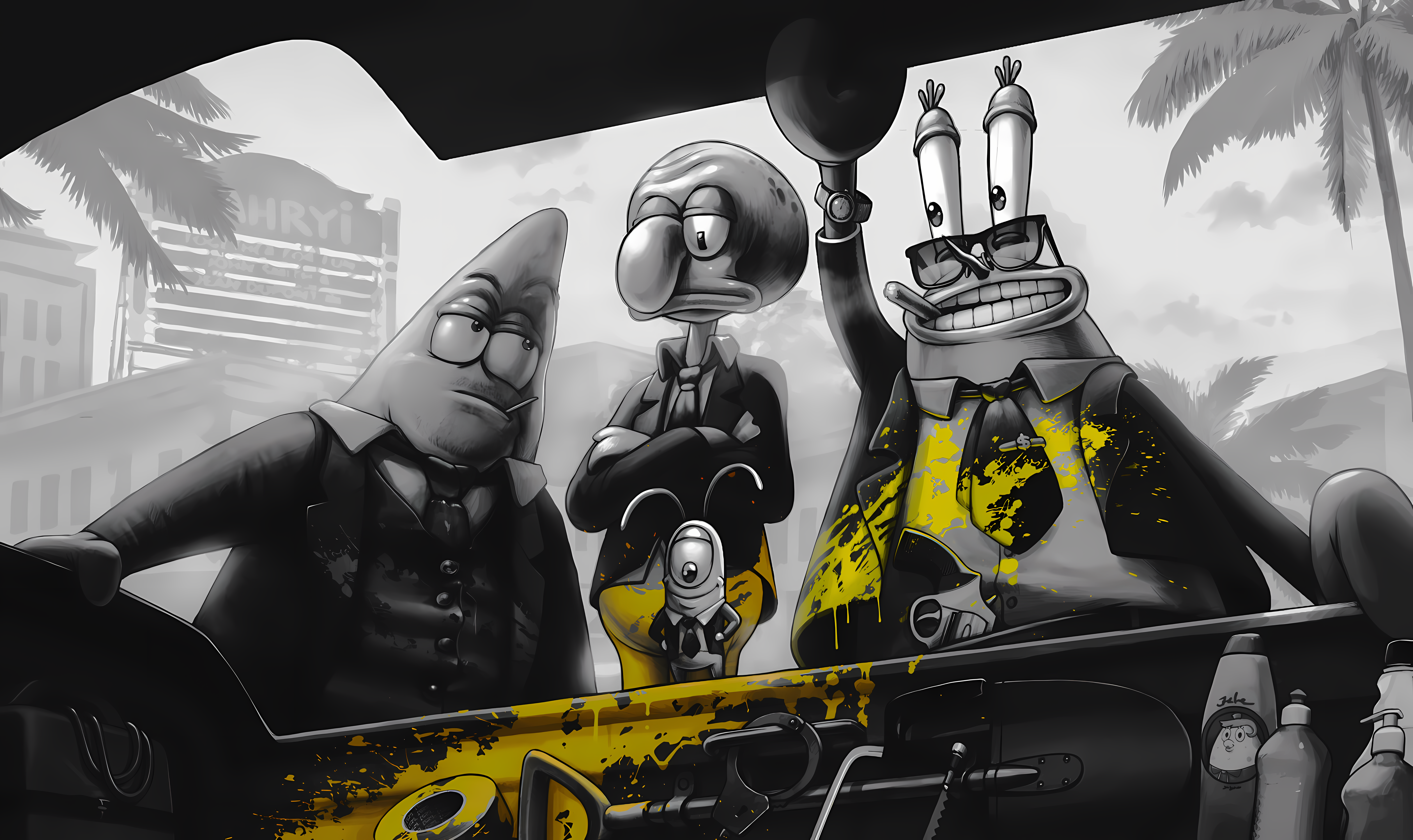 4K Mr. Krabs, Squidward, and Patrick Star in suits HD Wallpaper