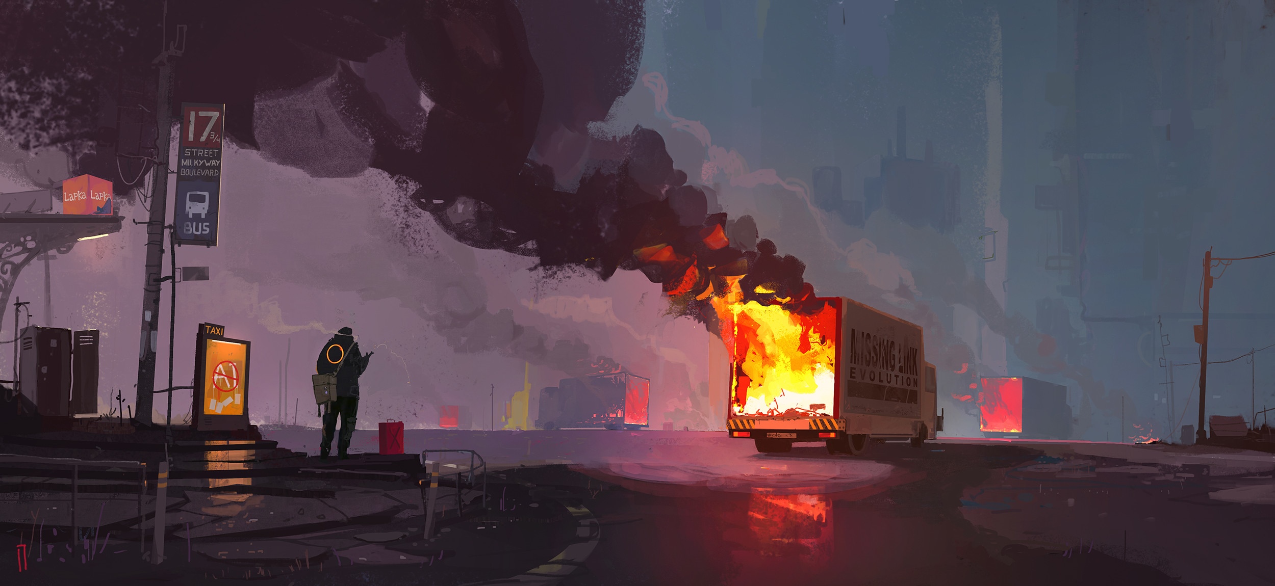 Burning truck on a street by Ismail Inceoglu HD Wallpaper
