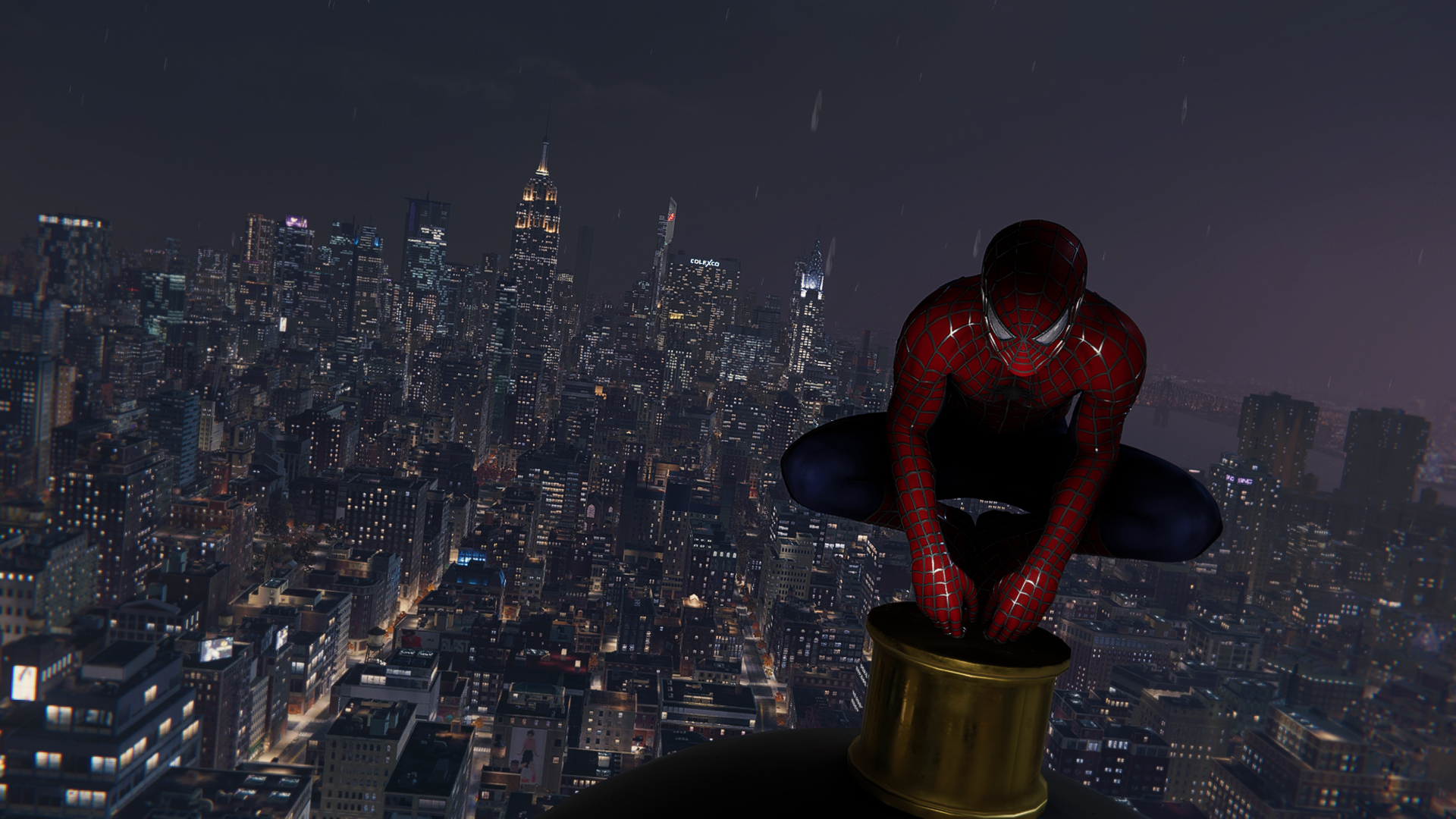 Spider-Man squatting on a building at night in New York City HD Wallpaper