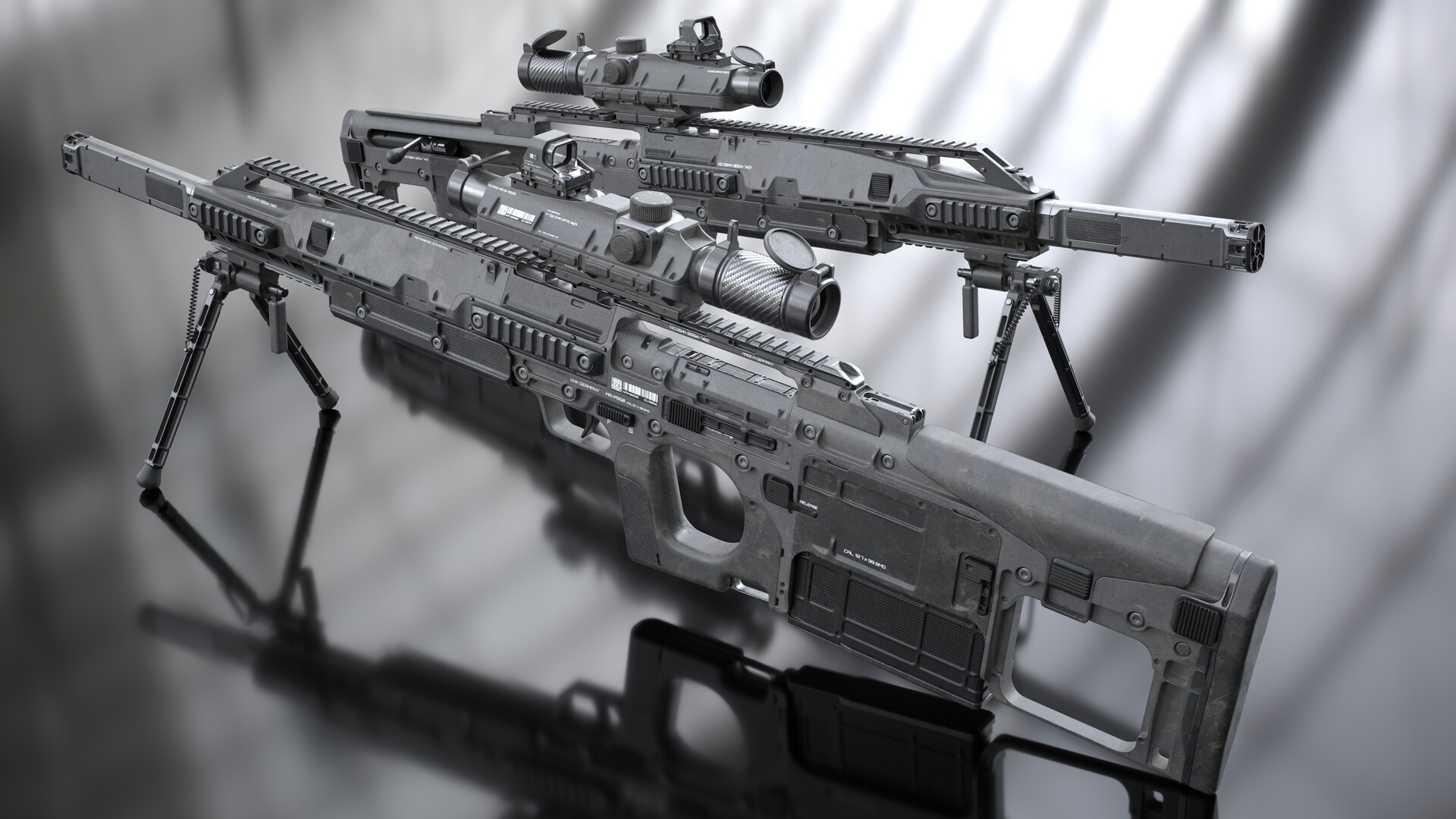 Futuristic sniper rifles with scopes and bipods HD Wallpaper