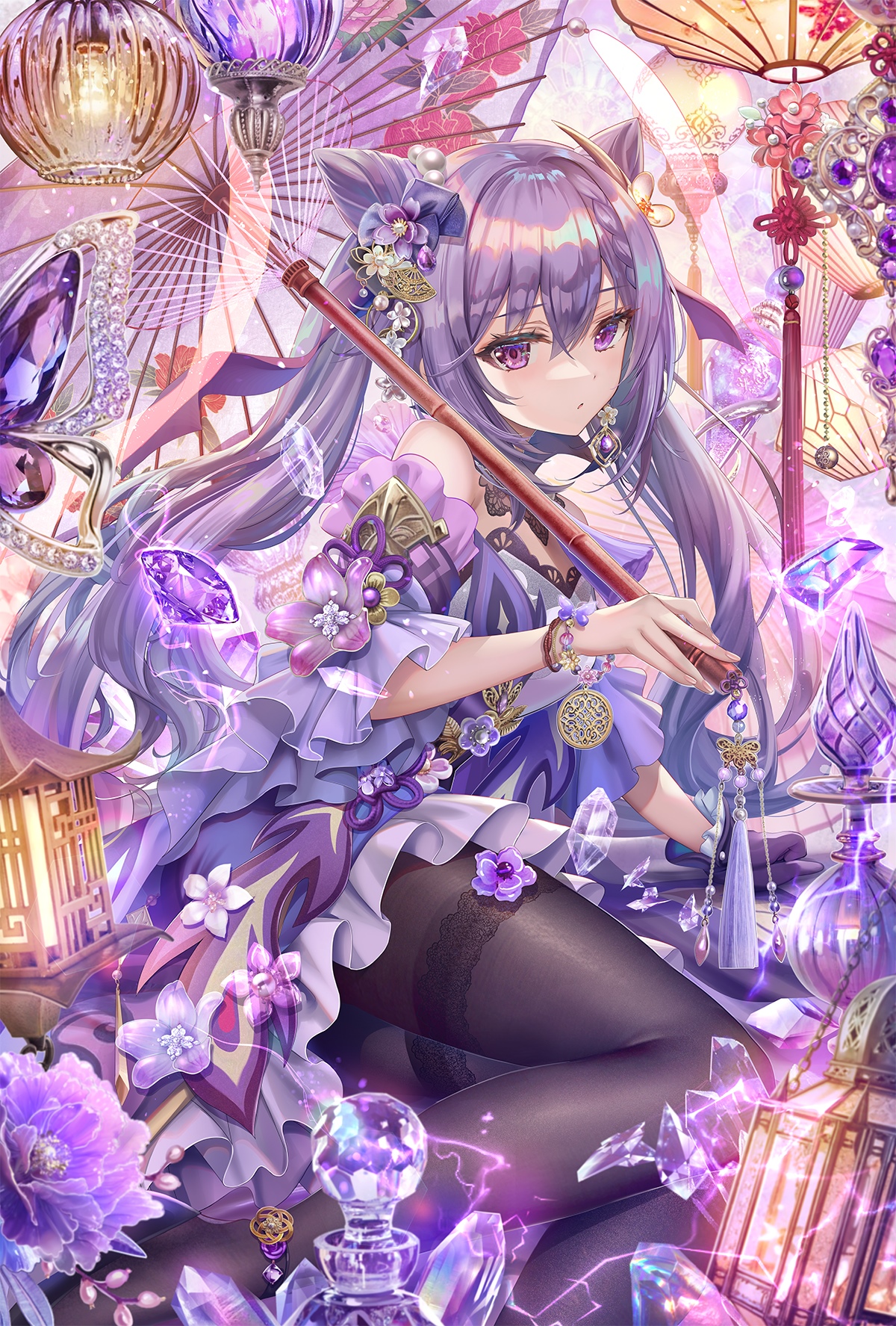 Keqing playing flute surrounded by crystals and lanterns HD Phone Wallpaper