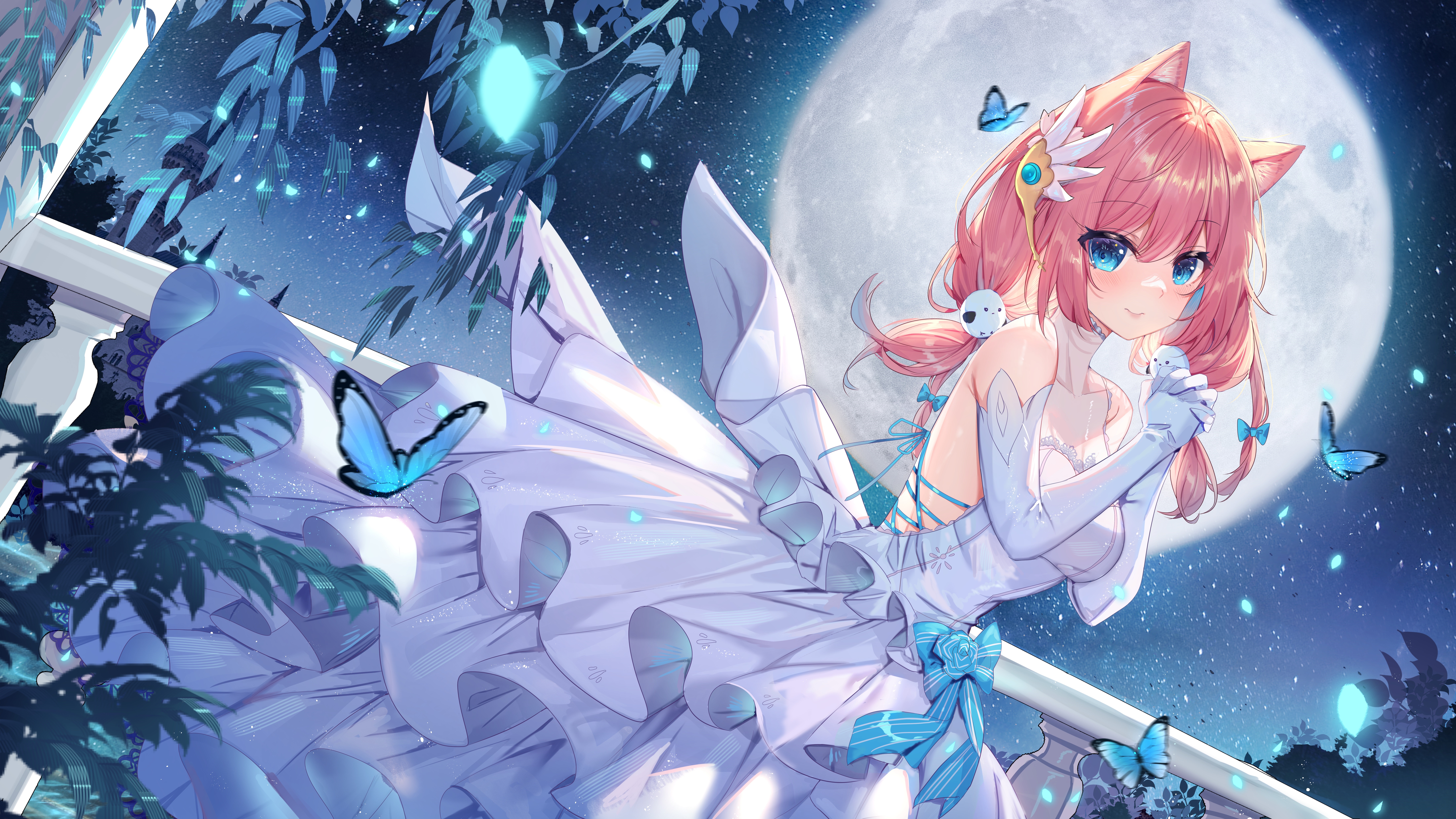 Fox girl in white dress with butterflies under the Moon HD Wallpaper