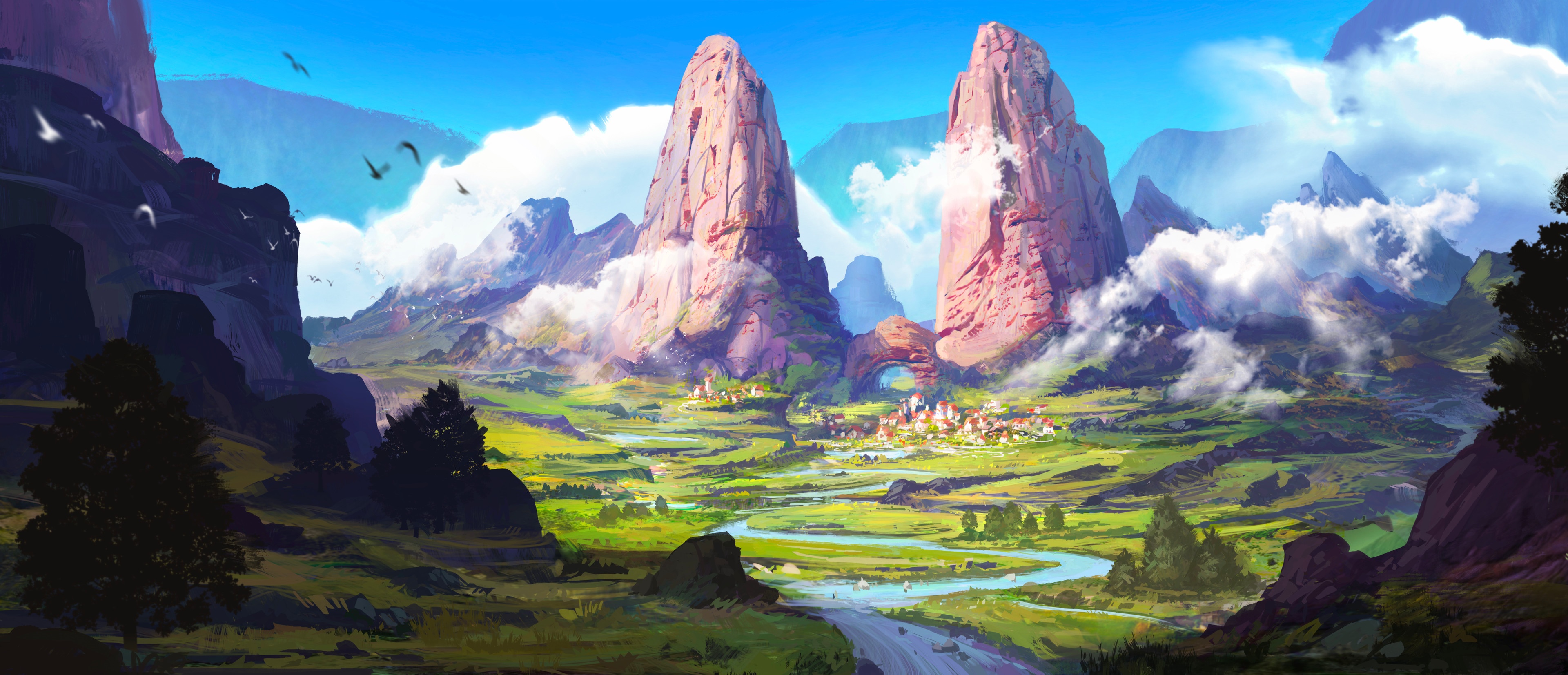 4K village nestled between mountains and river HD Wallpaper