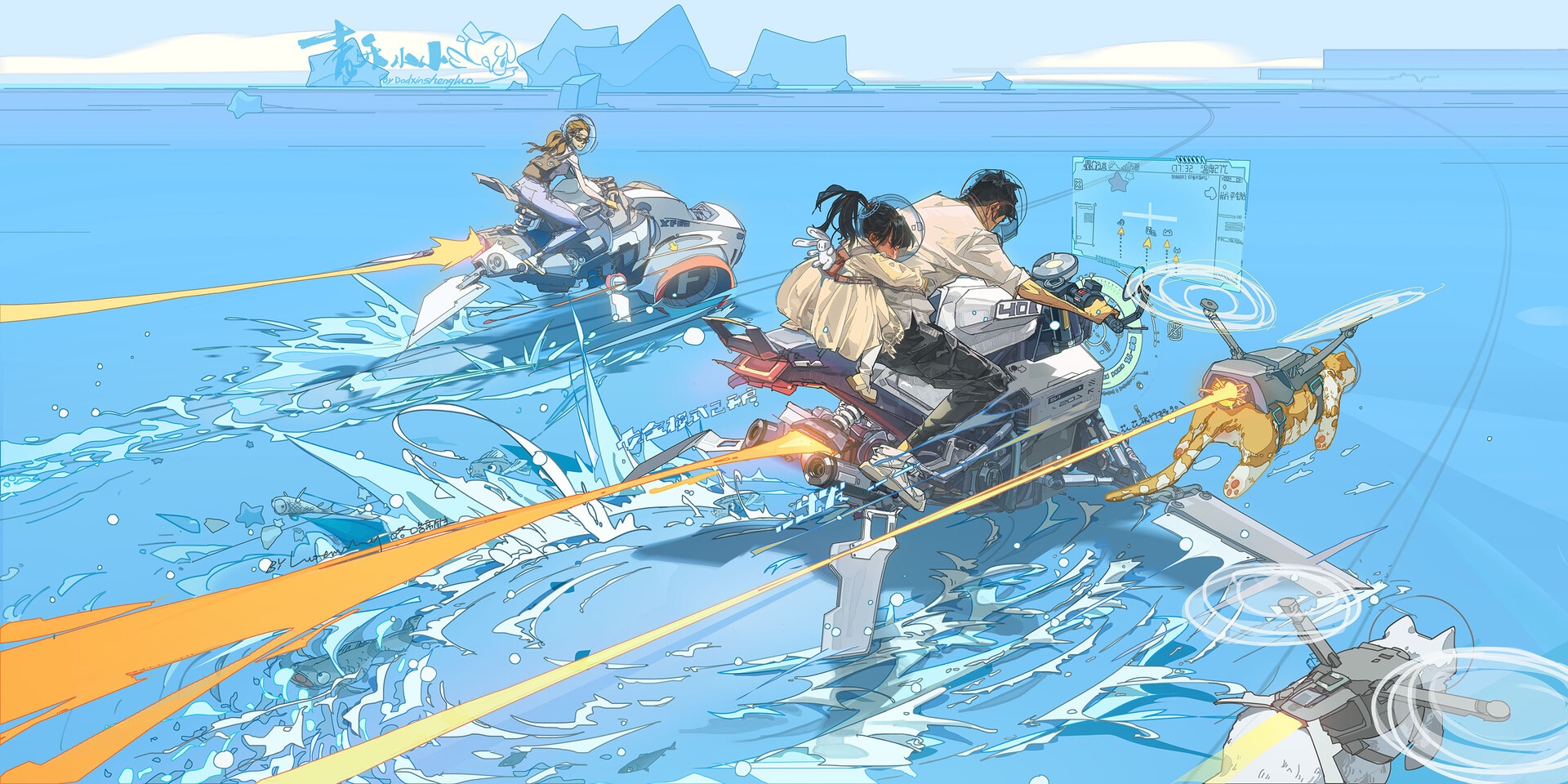 Futuristic vehicles race across a futuristic sea HD Wallpaper