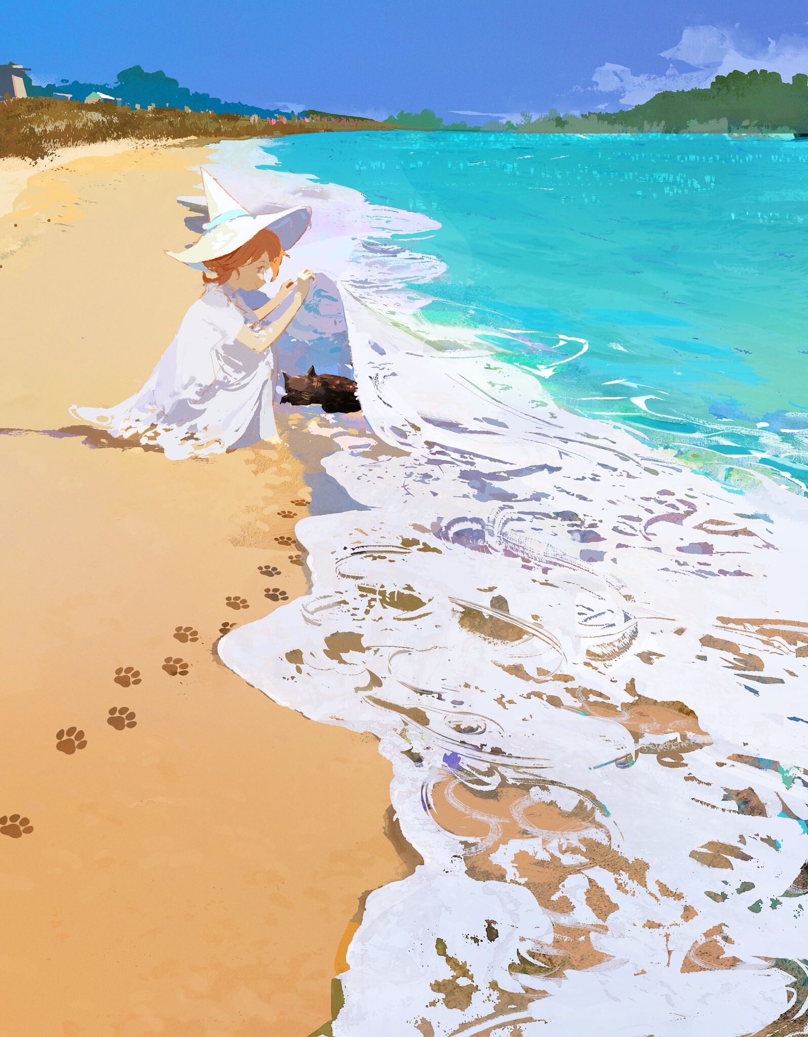 Girl in a witch hat on a beach with a dog HD Phone Wallpaper