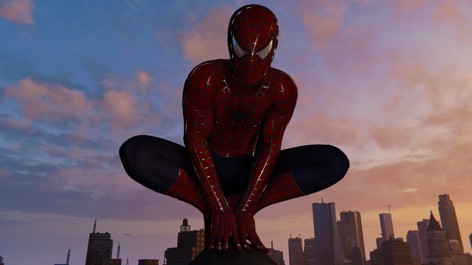 Spider-Man squatting on a building at sunset HD Wallpaper