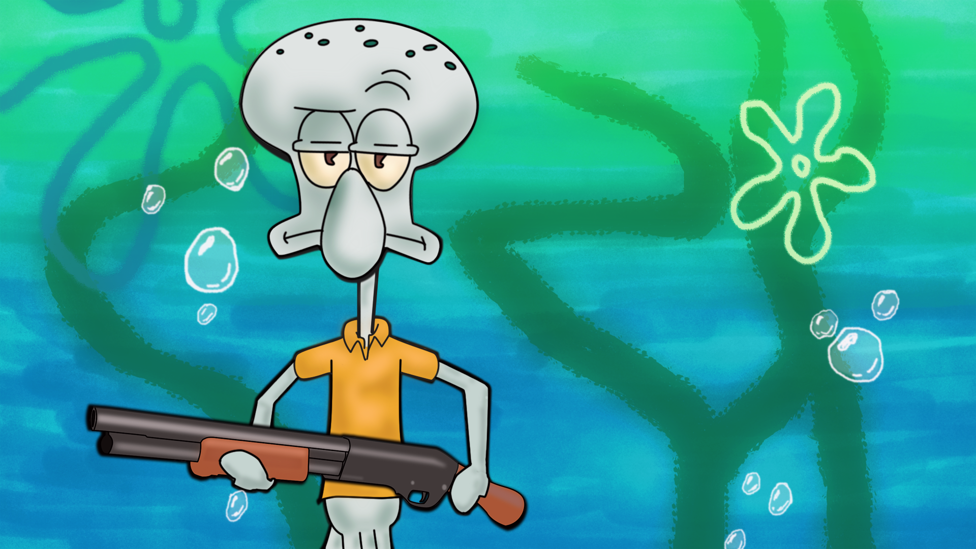 Squidward Tentacles holding a shotgun HD Wallpaper