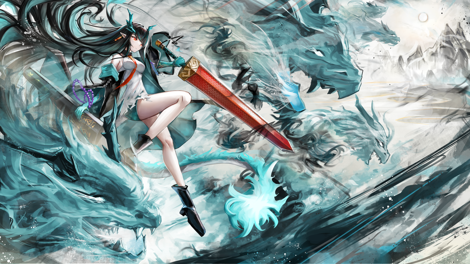 Arknights Dusk with Dragons and Sword HD Wallpaper