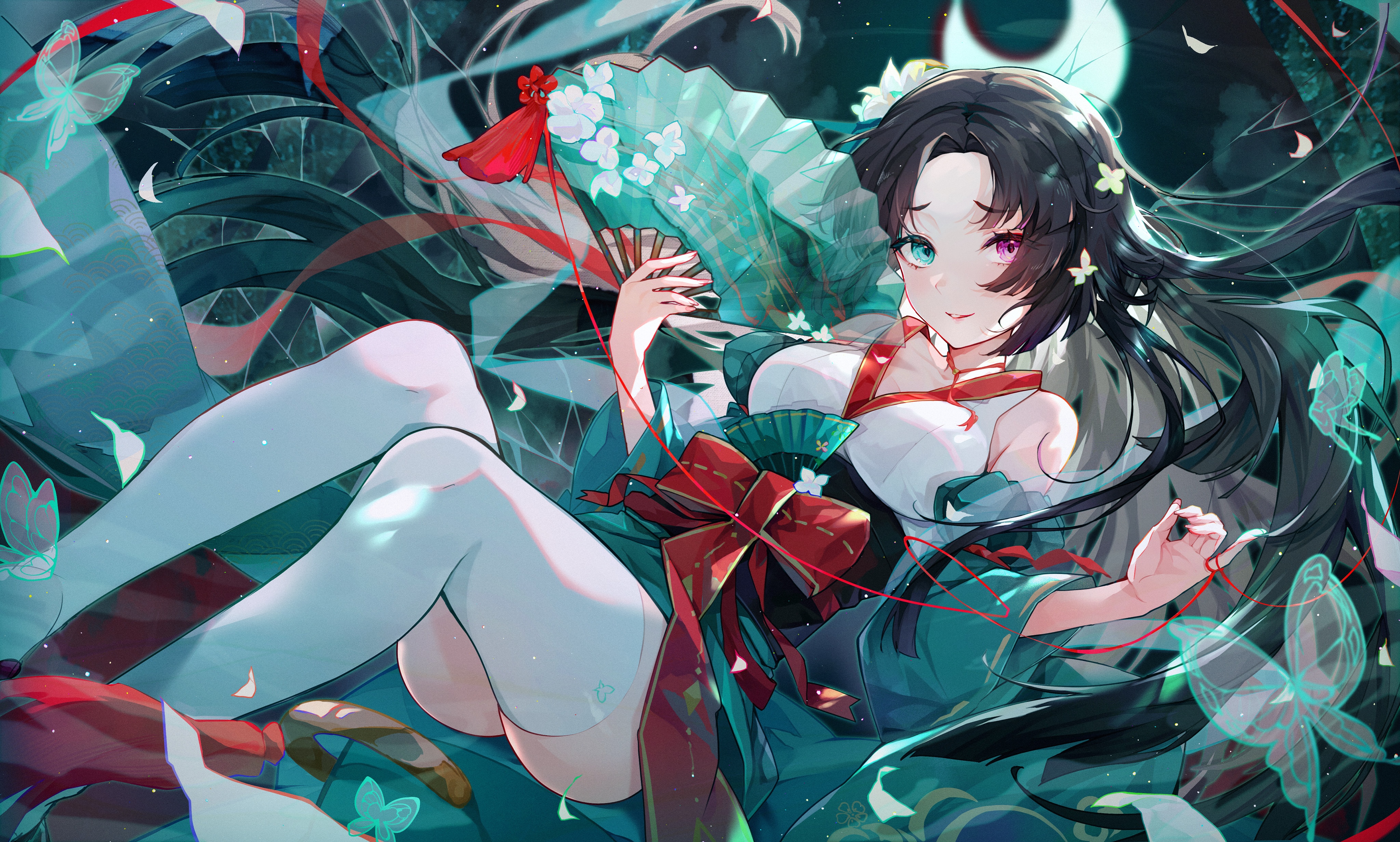 4K Anime Girl with Fan and Butterflies HD Wallpaper