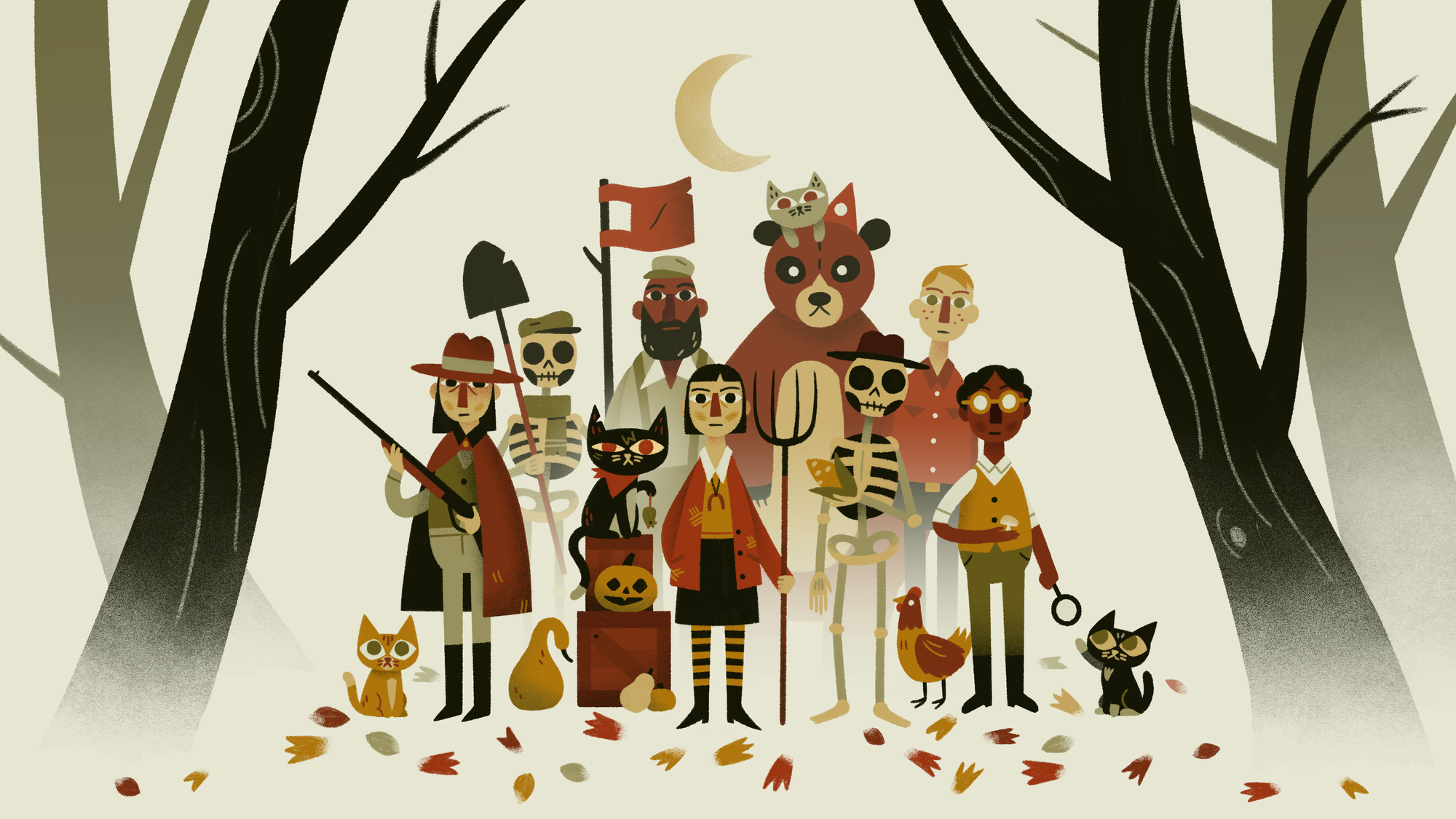 Revenant Hill characters in a forest with a crescent moon HD Wallpaper