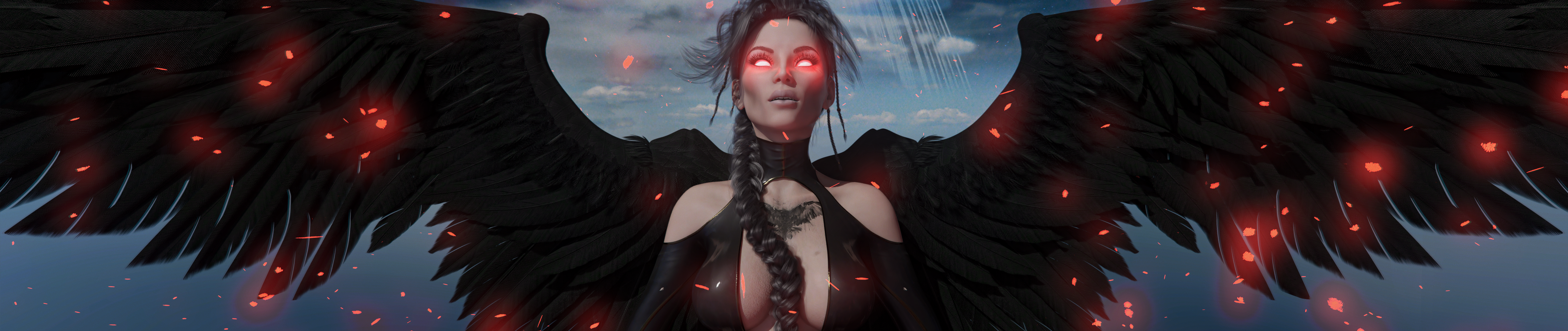4K Dark Sorceress with Black Wings and Glowing Eyes HD Wallpaper